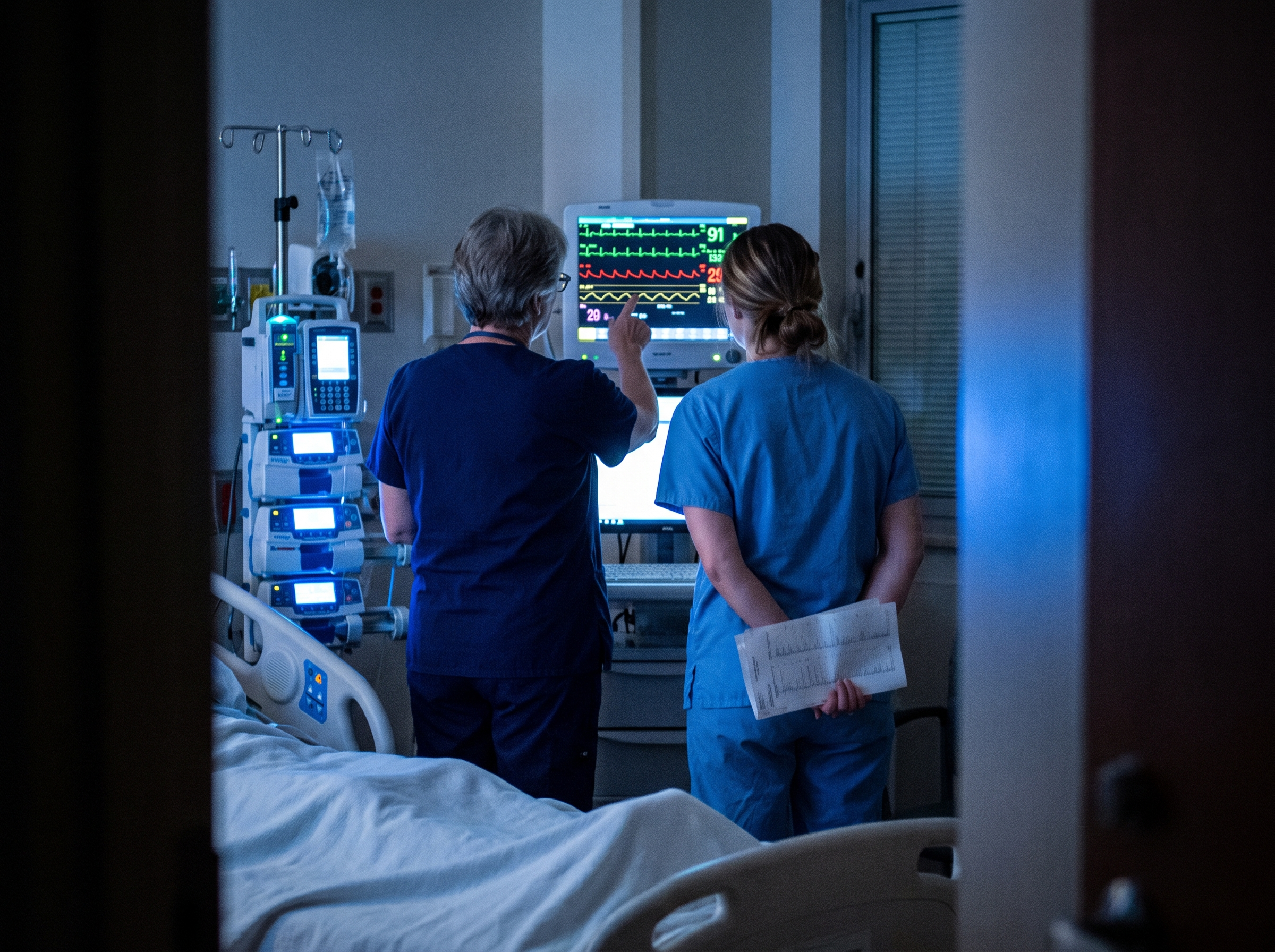 Preceptor explaining a monitor waveform to a new nurse