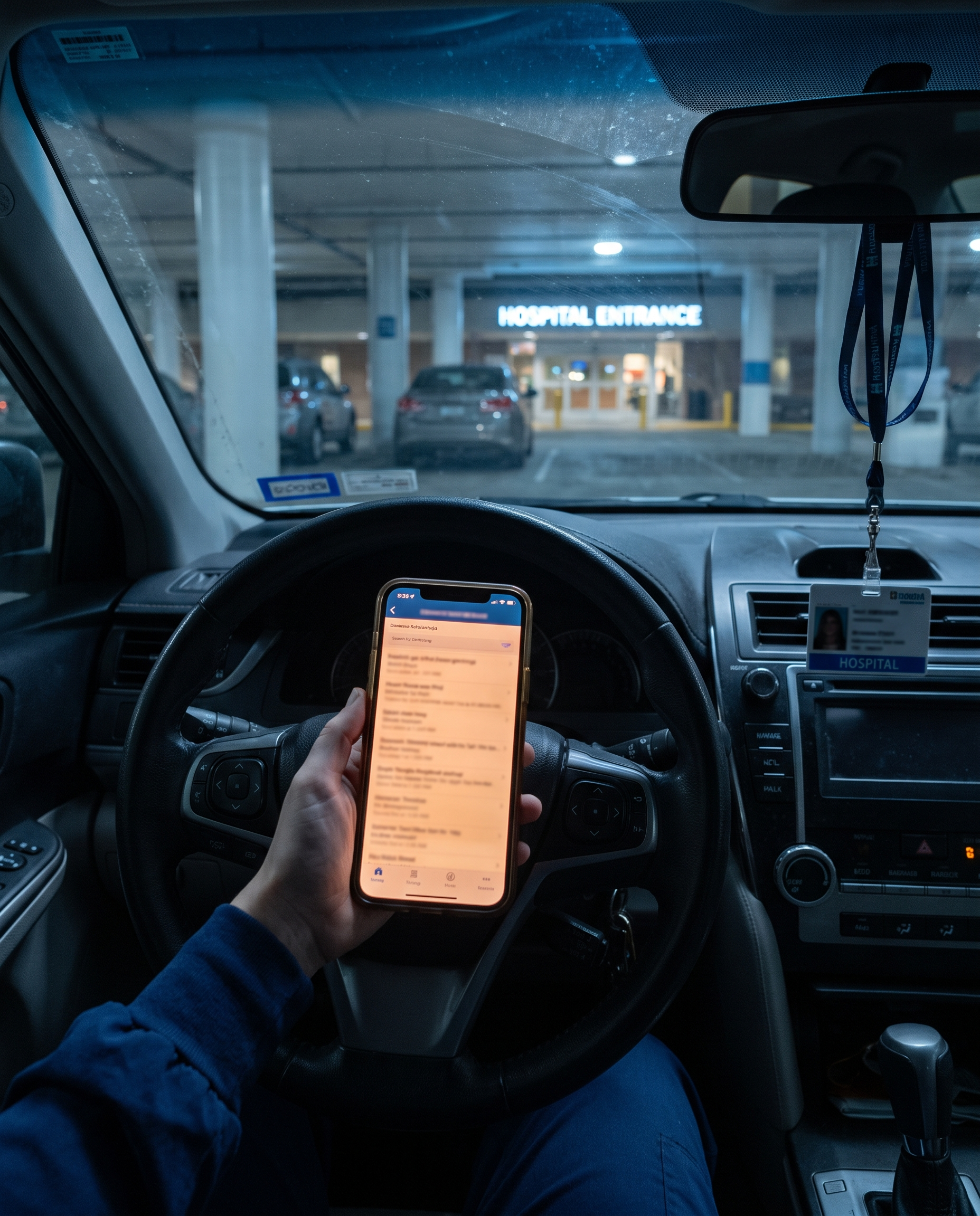 Nurse in a parked car before shift scrolling job listings on her phone