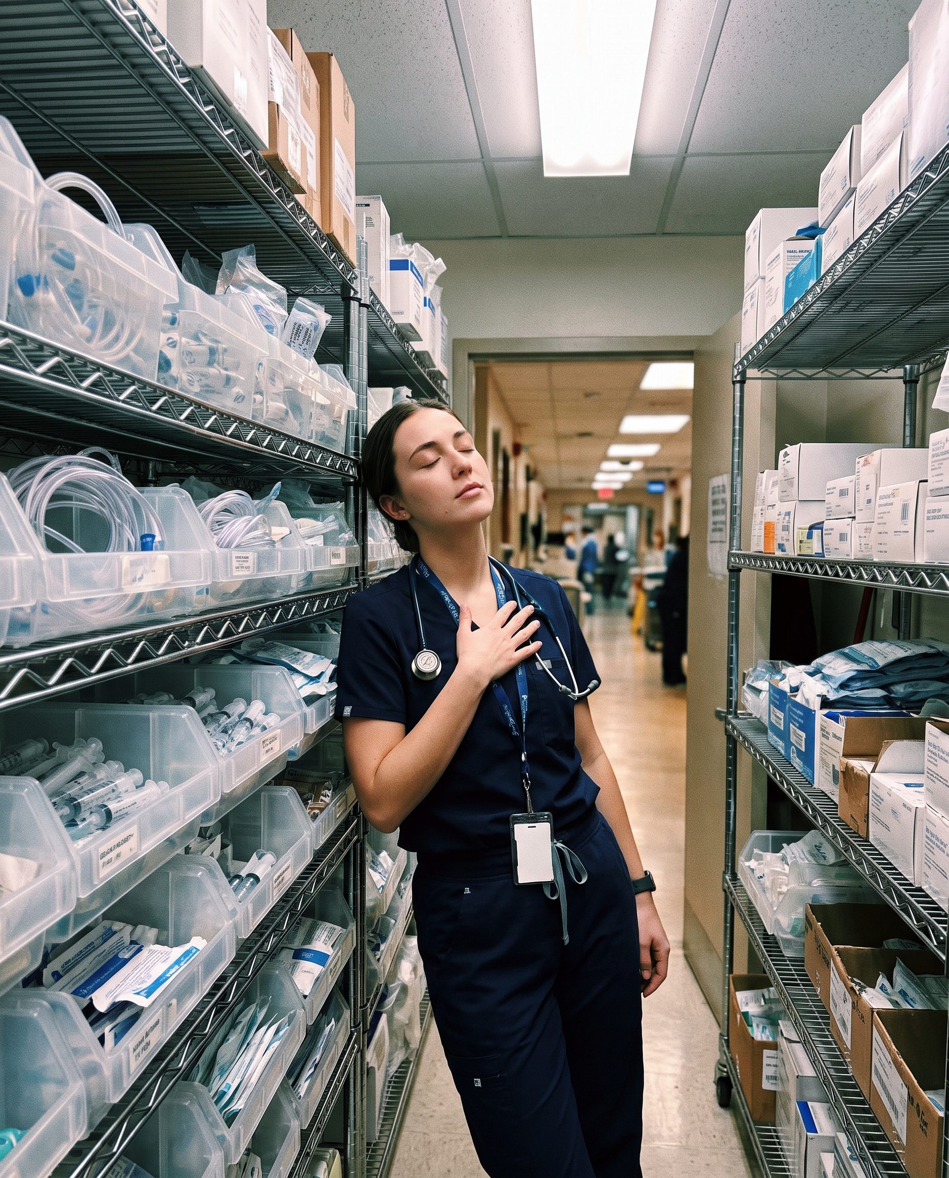 Nurse taking a breath in a hospital supply room