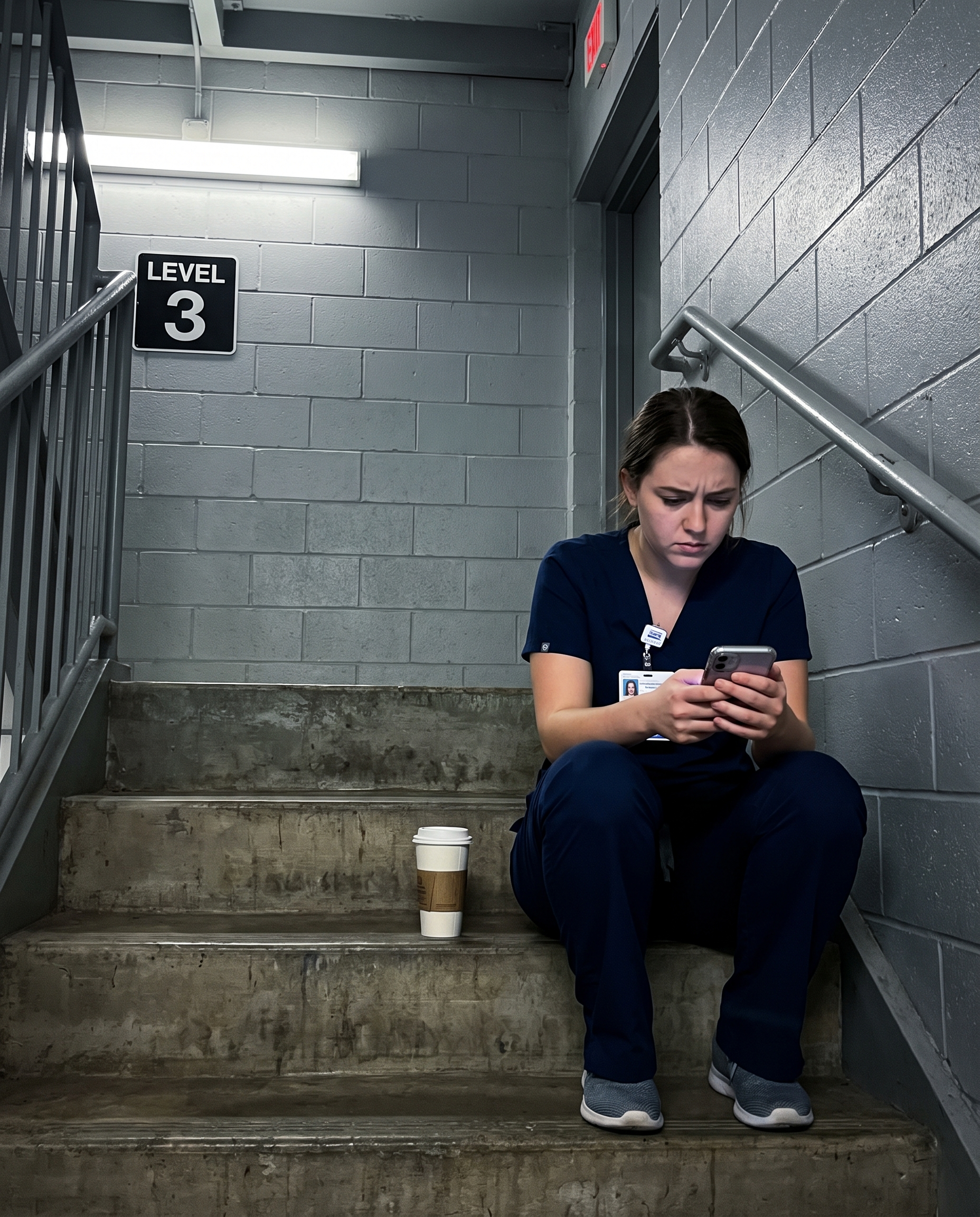 Nurse sitting alone in a hospital stairwell looking at her phone