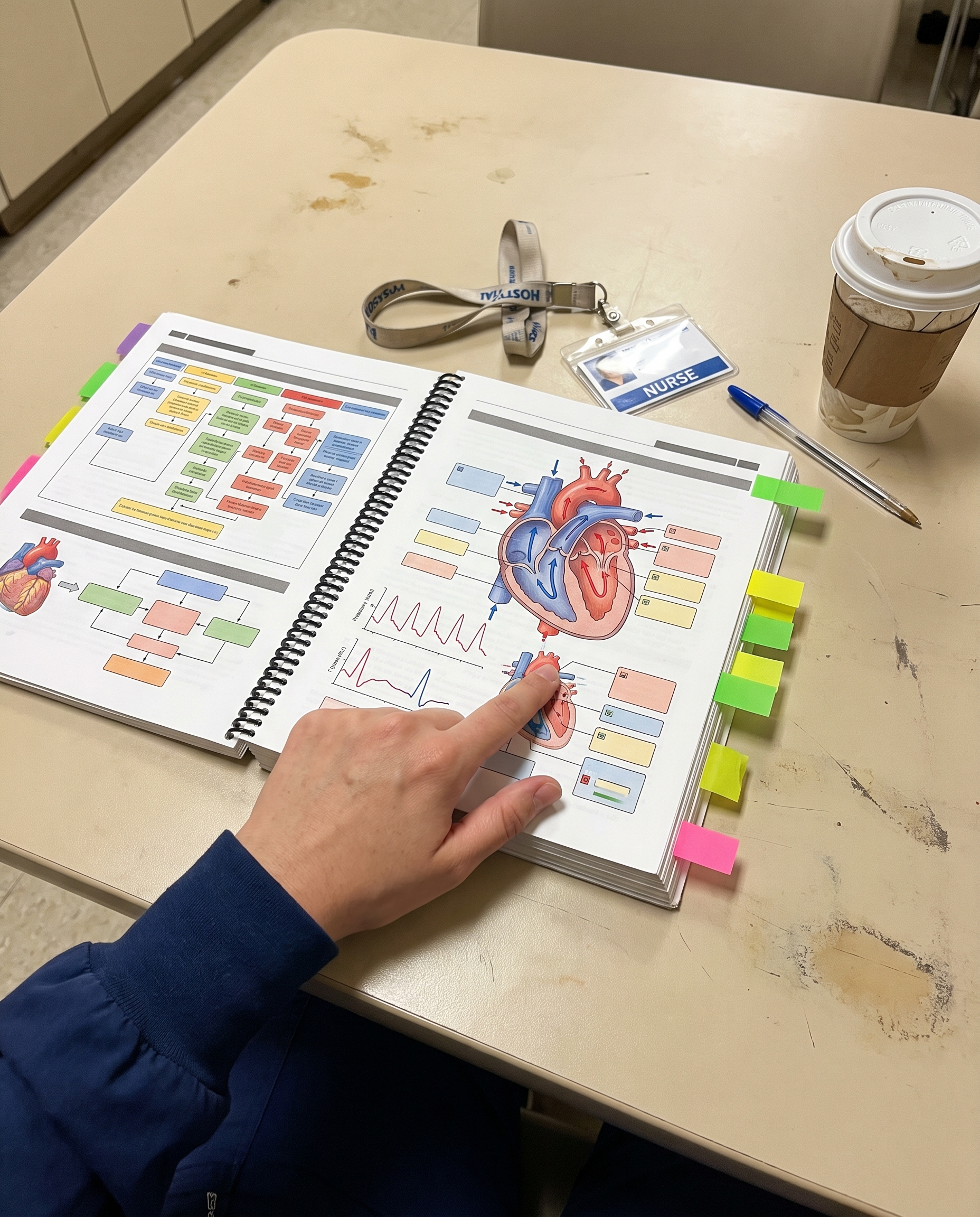 Spiral-bound visual guide open on a breakroom table with color-coded heart diagrams