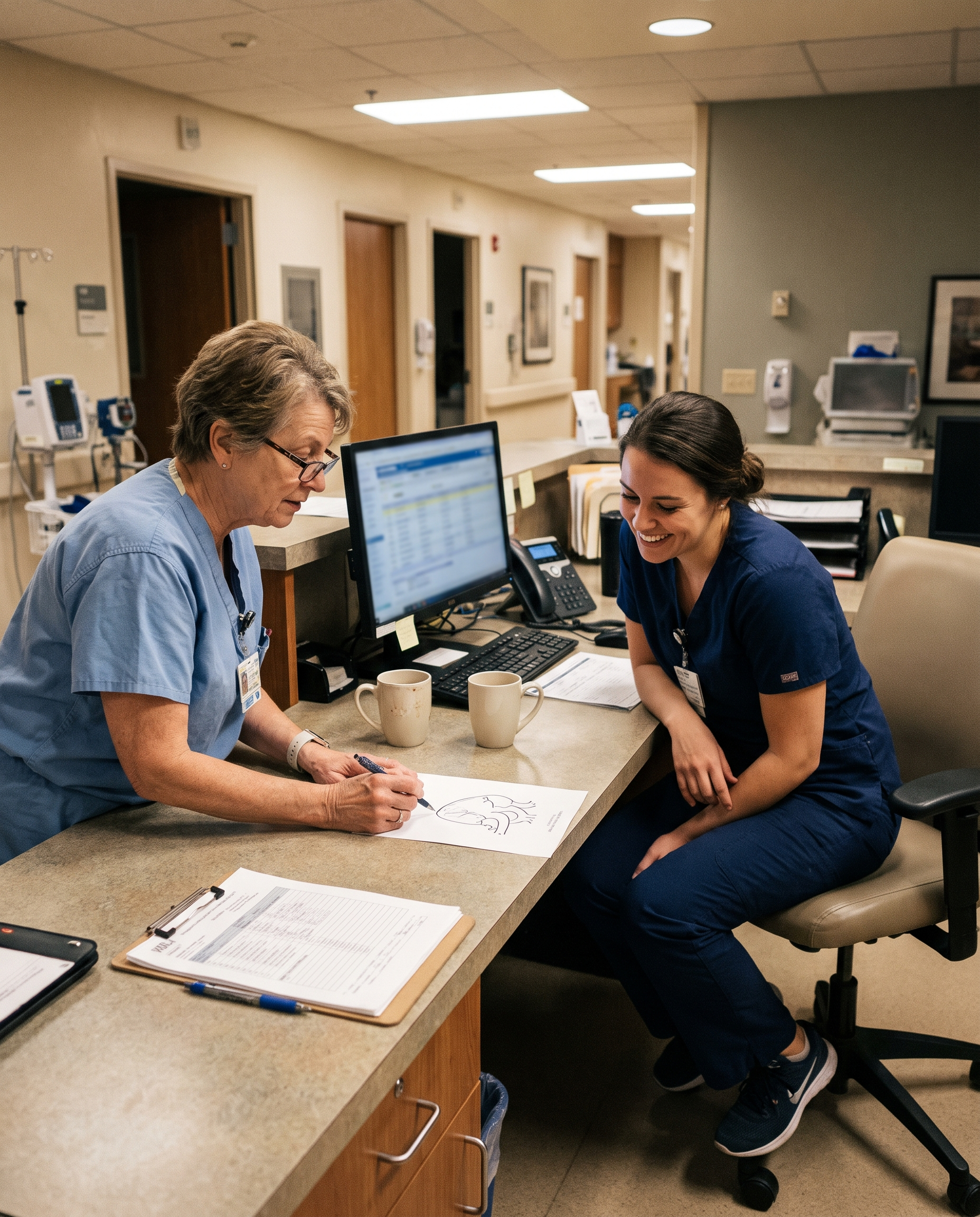 Preceptor sketching a heart diagram for a new nurse at the nurses station