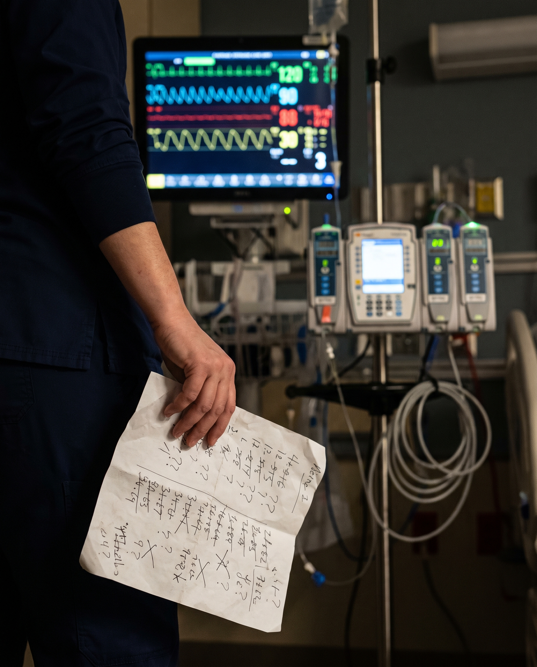 Nurse holding a handwritten report sheet in front of a glowing ICU monitor