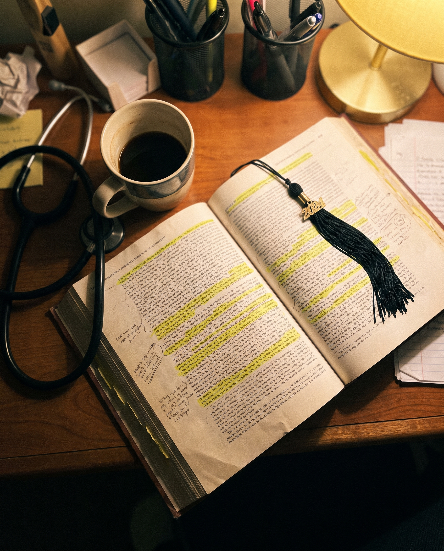 Highlighted nursing textbook with a graduation tassel on the page