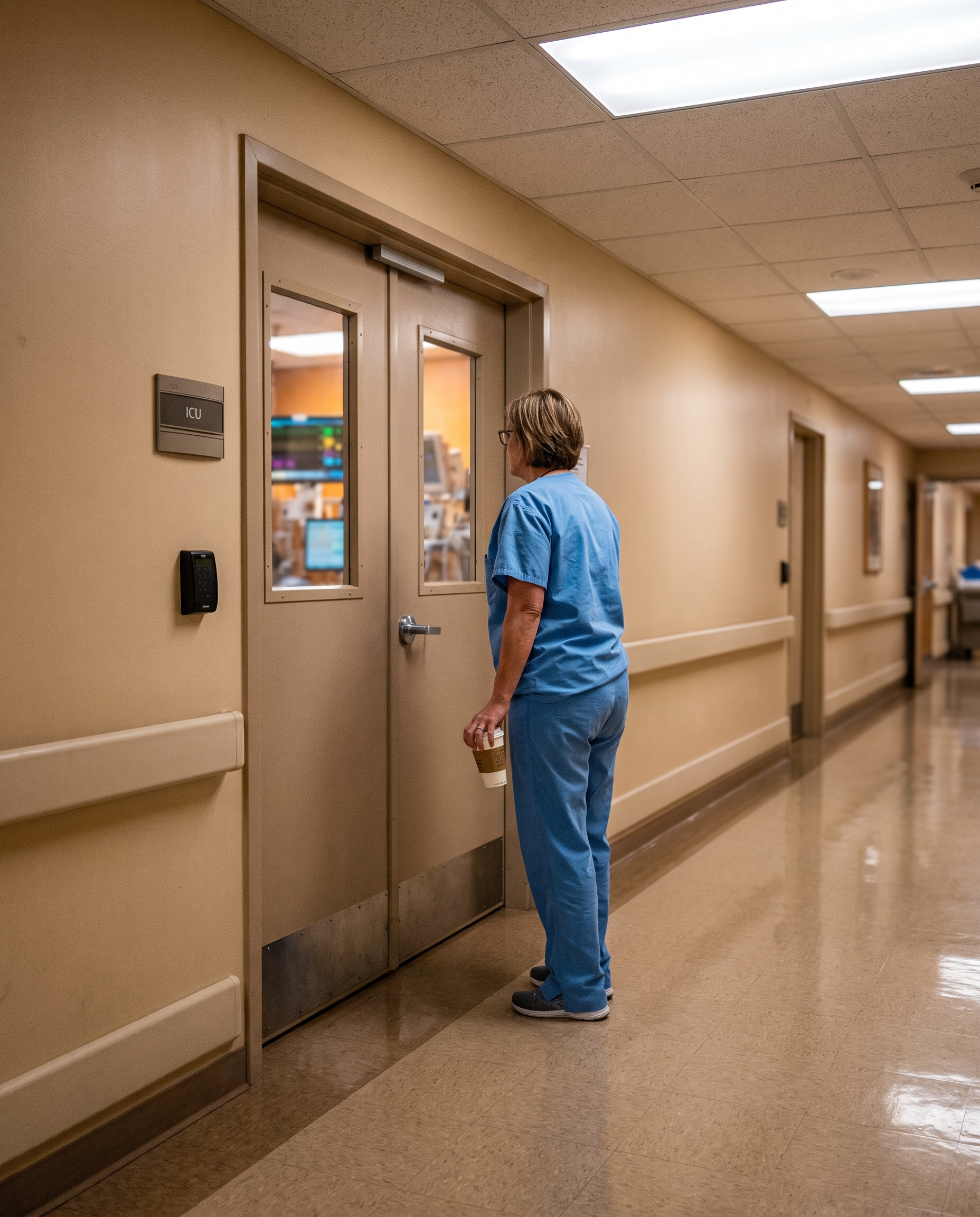 Experienced nurse standing outside the doors of an ICU looking in