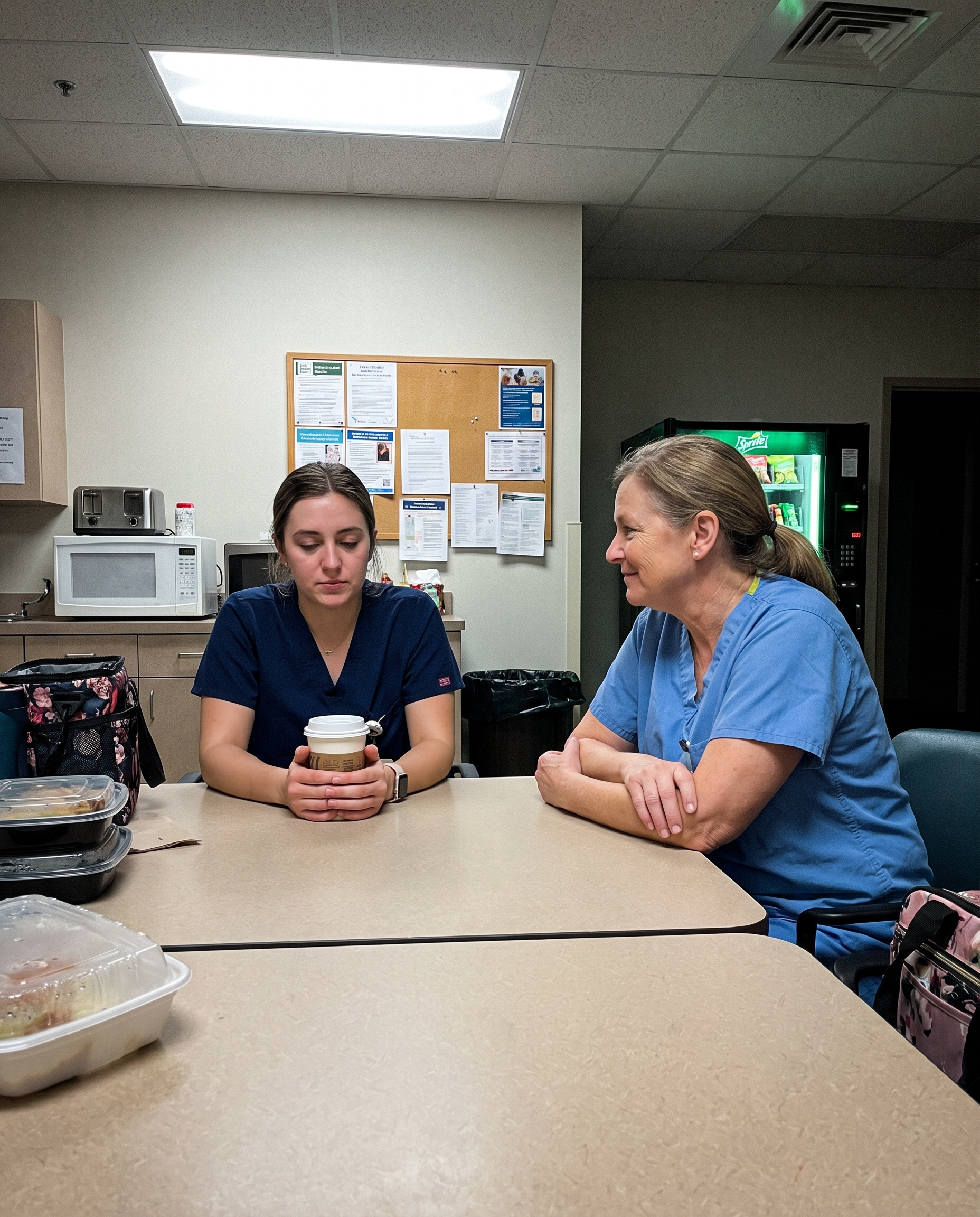 Two nurses talking in a hospital breakroom at night