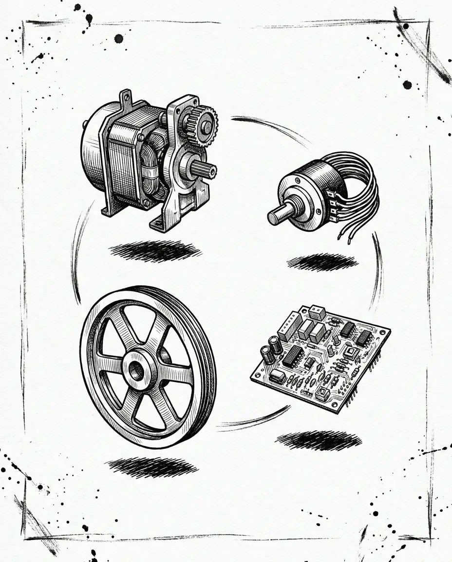 Inkttekening van liftonderdelen in een kringloop: deurmotor, encoder, printplaat en schijf