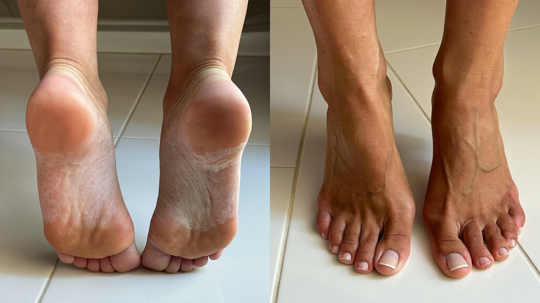 Before and after comparison of a woman's cracked heels showing improvement after using TerraFoot soap
