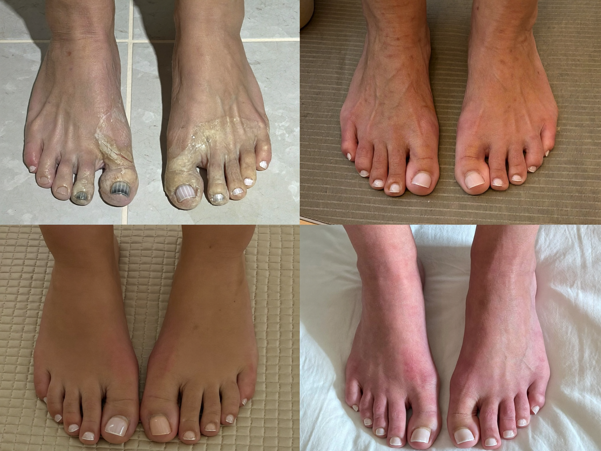Before and after comparison of feet at week 0 versus week 4 of using TerraFoot soap showing dramatic improvement
