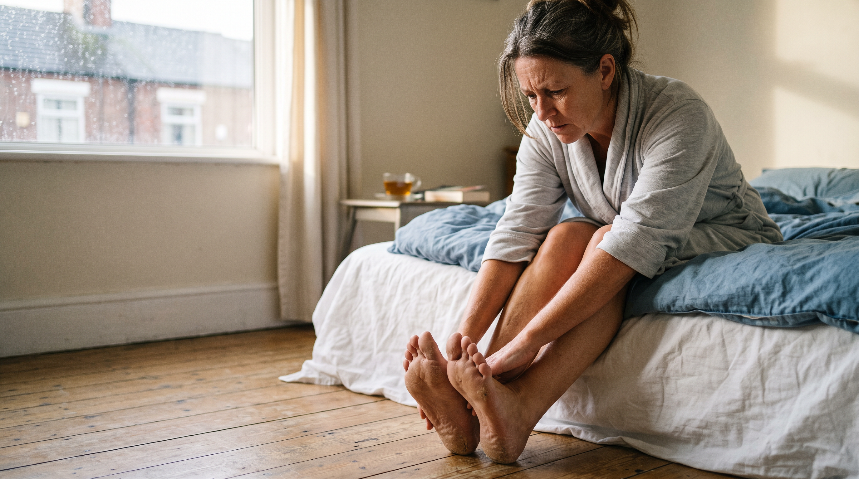 Woman sitting on the edge of a bed looking at her feet