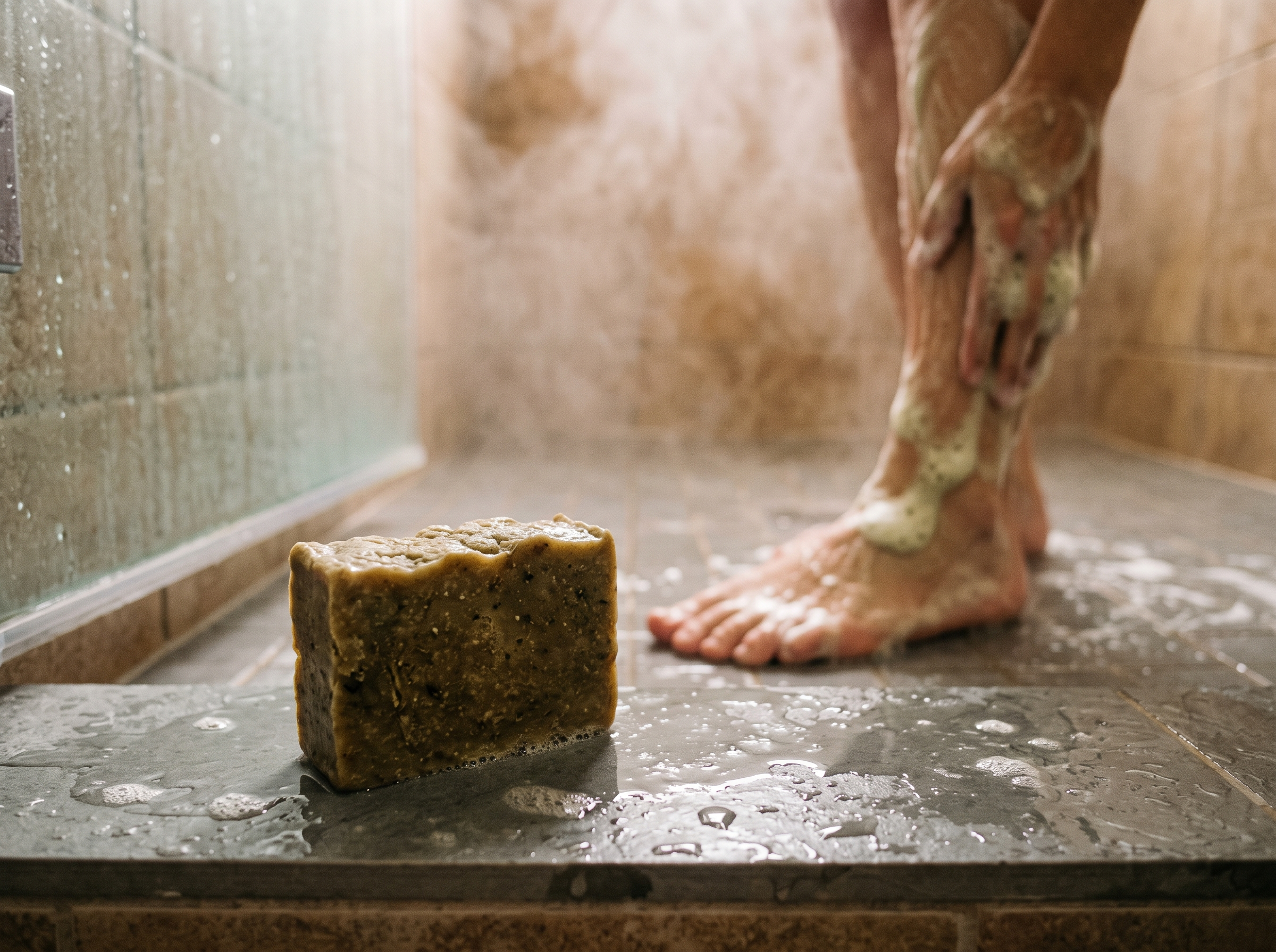 TerraFoot bar on a shower shelf with lather on a heel