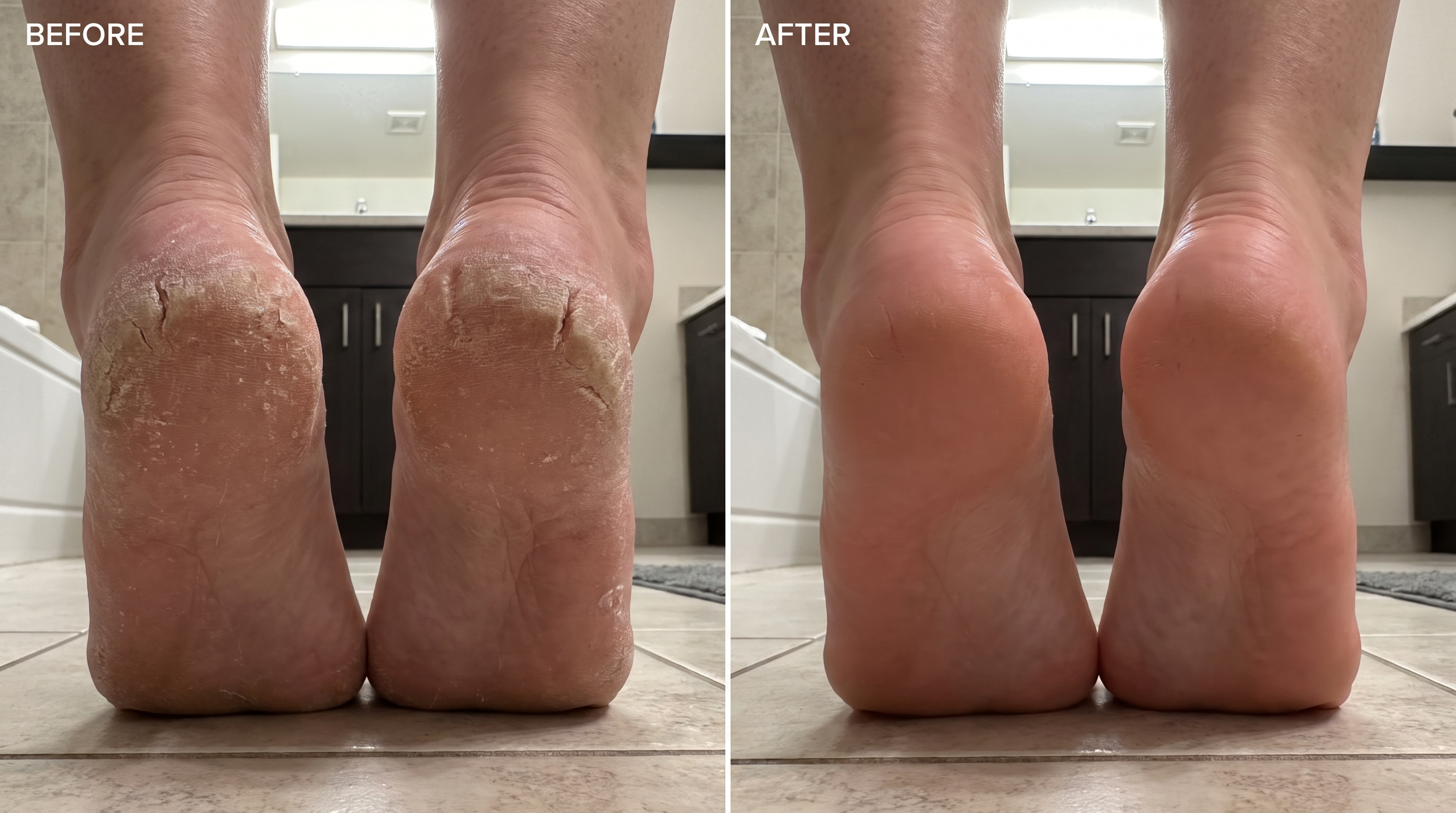 Before and after: cracked heels, then smooth heels four weeks later
