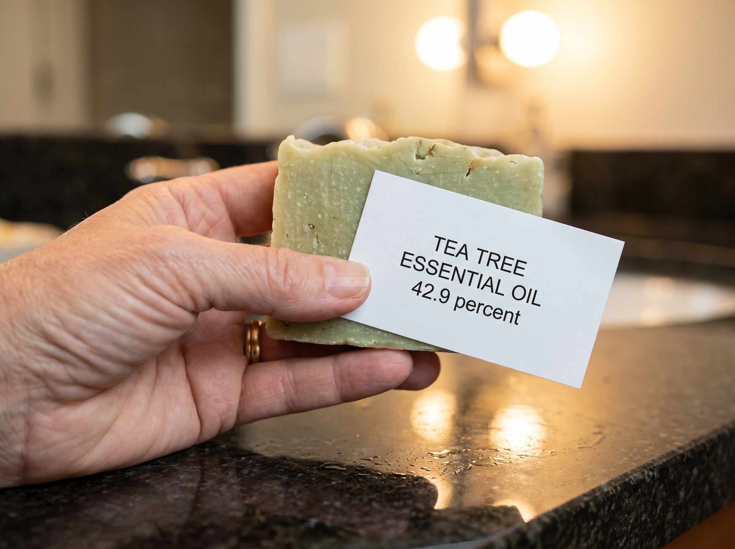 TerraFoot bar held in a hand with a card reading tea tree essential oil 42.9 percent