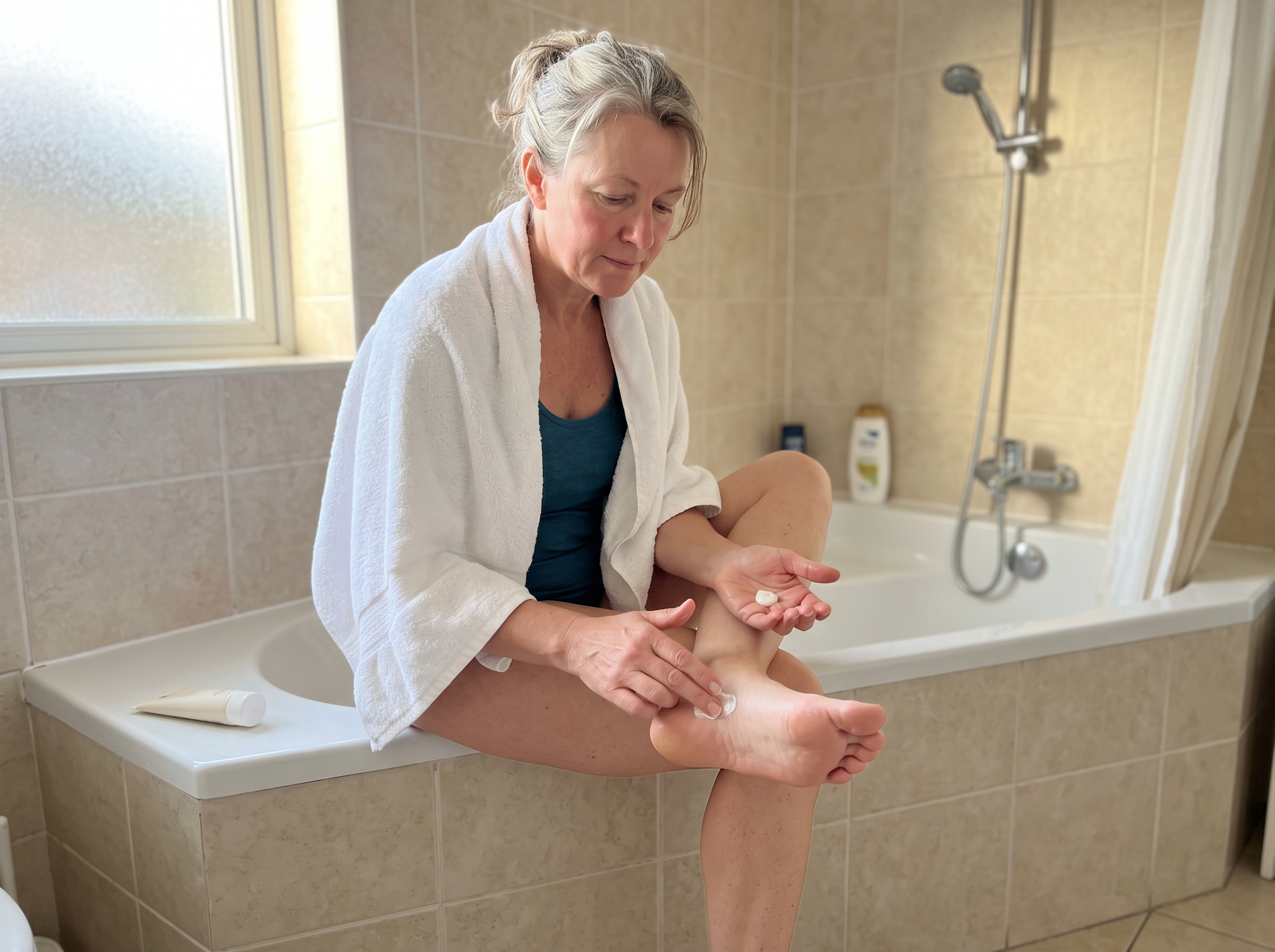 Woman applying cream to a clean smooth heel after a shower