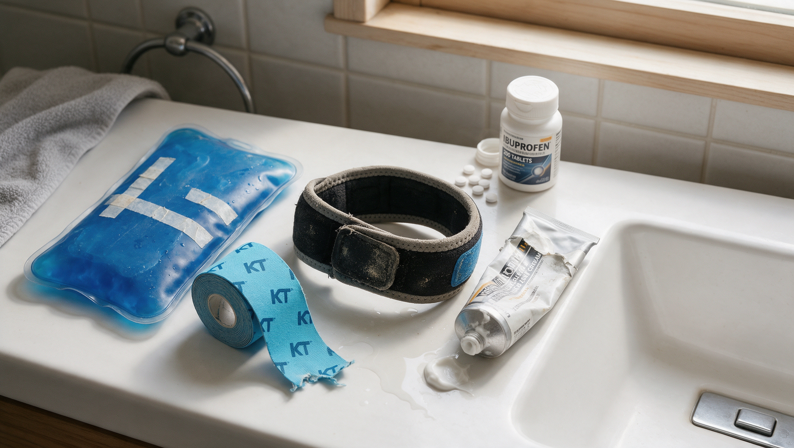 Flat lay of failed remedies: braces, ice packs, compression wraps