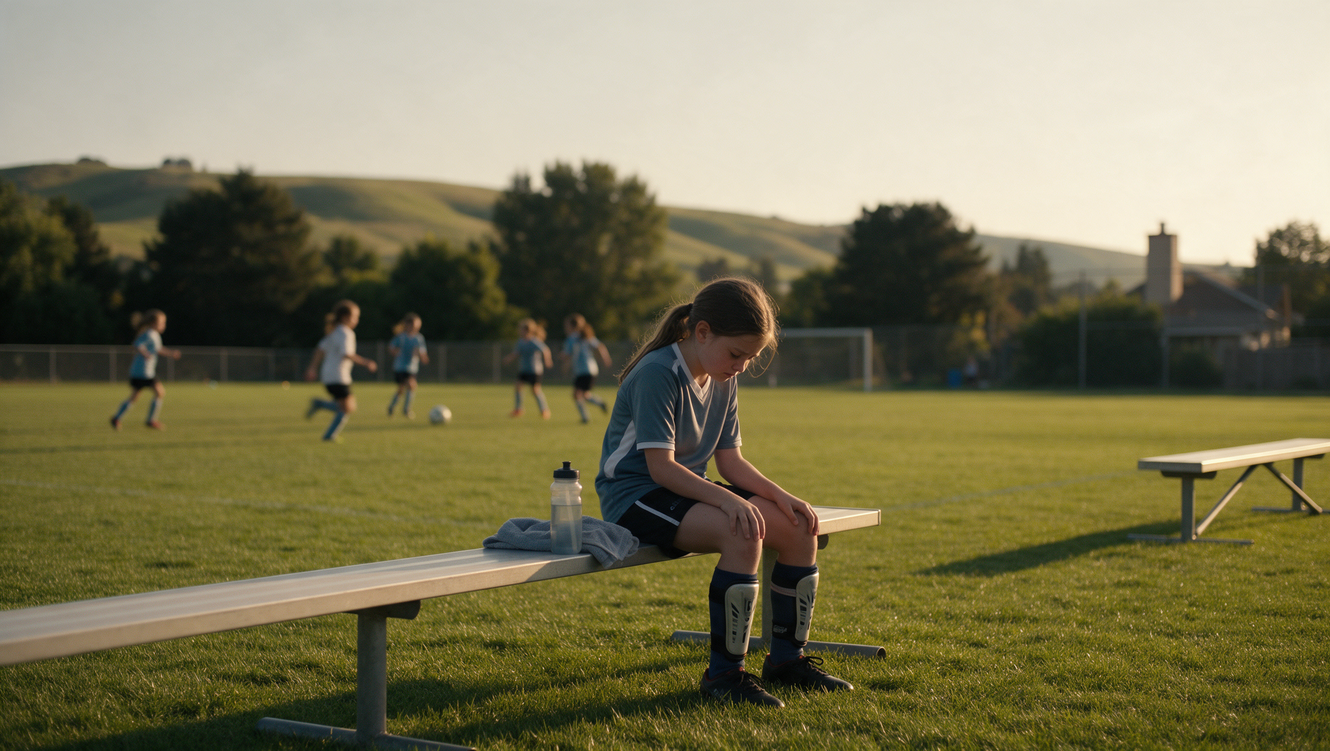 Young soccer player sitting alone on the bench