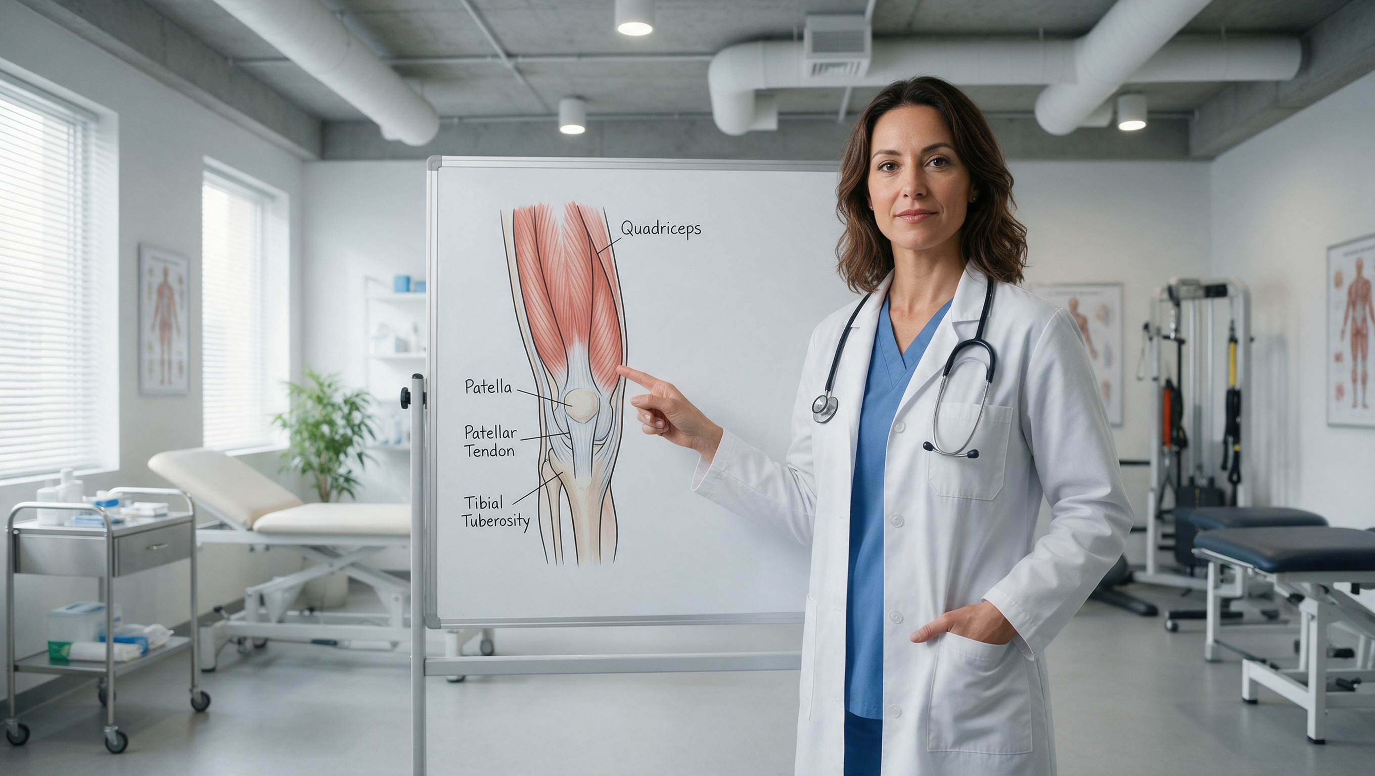 Dr. Chen at whiteboard explaining the real cause of knee pain