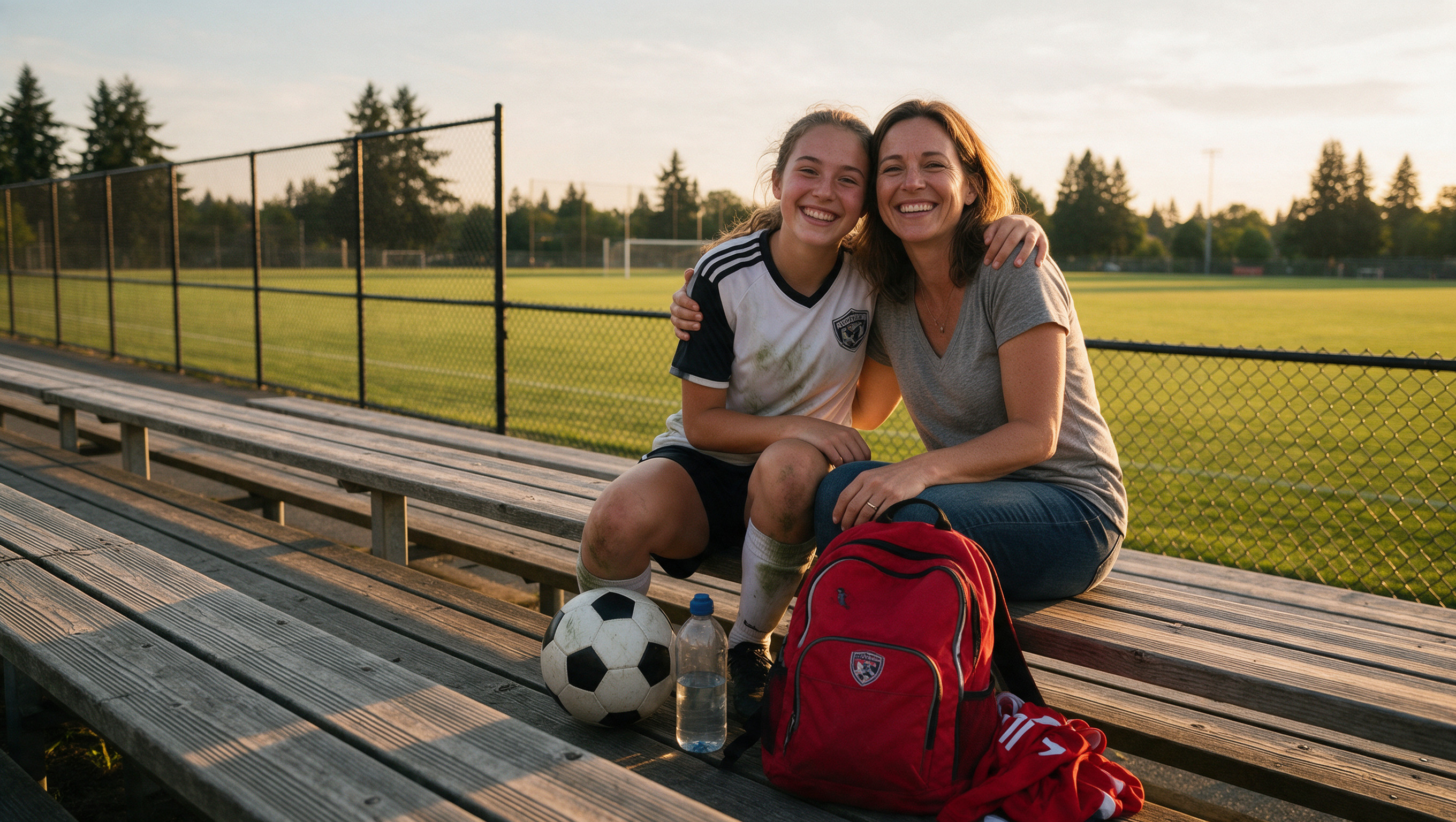 Happy mother and daughter at a soccer game