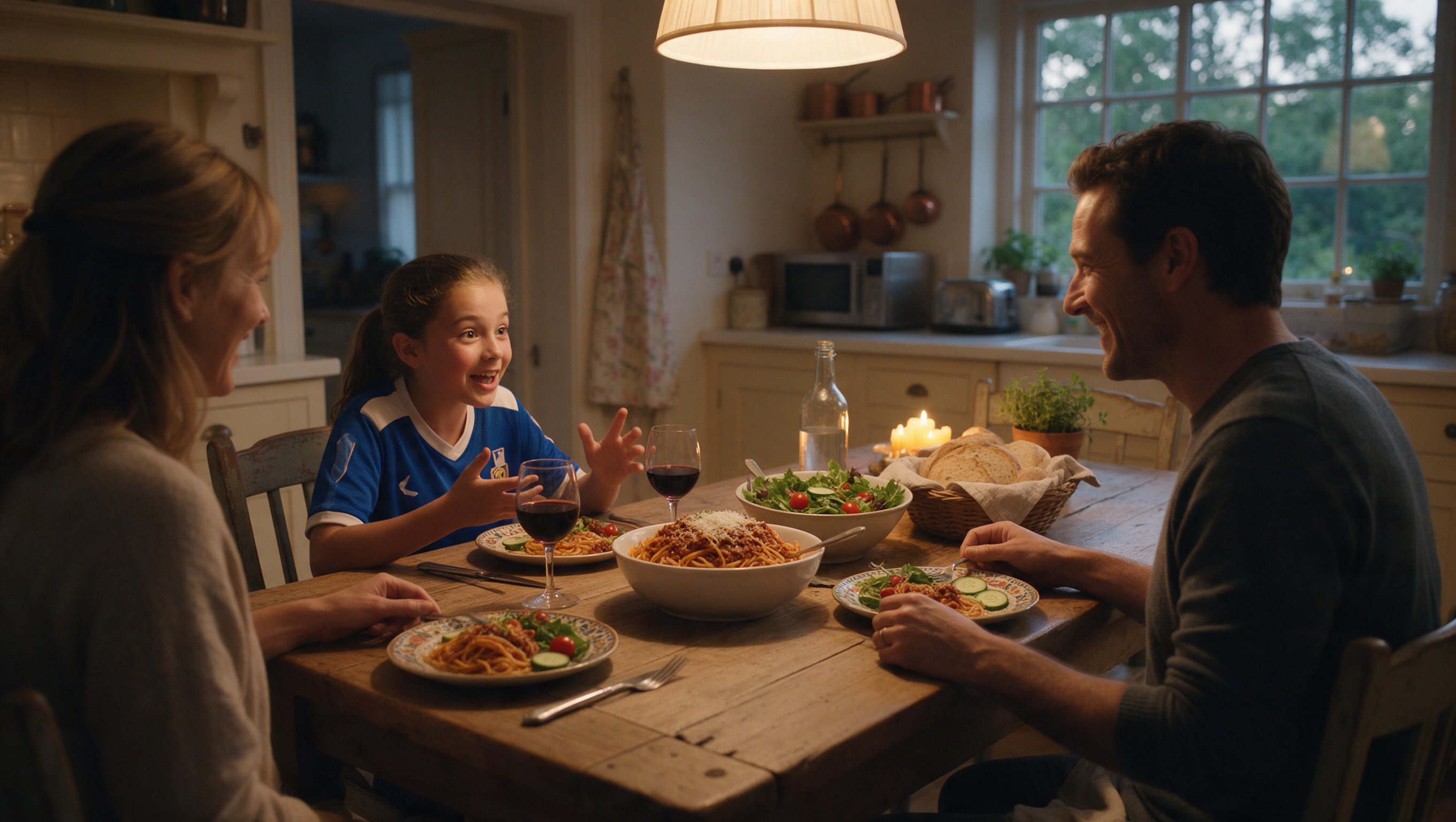 Girl talking excitedly about soccer at the dinner table