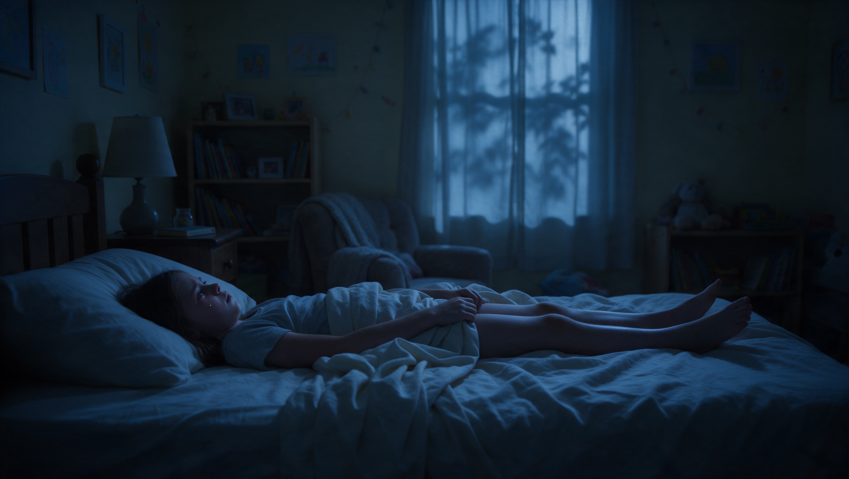 Girl lying in bed at night, unable to sleep from knee pain