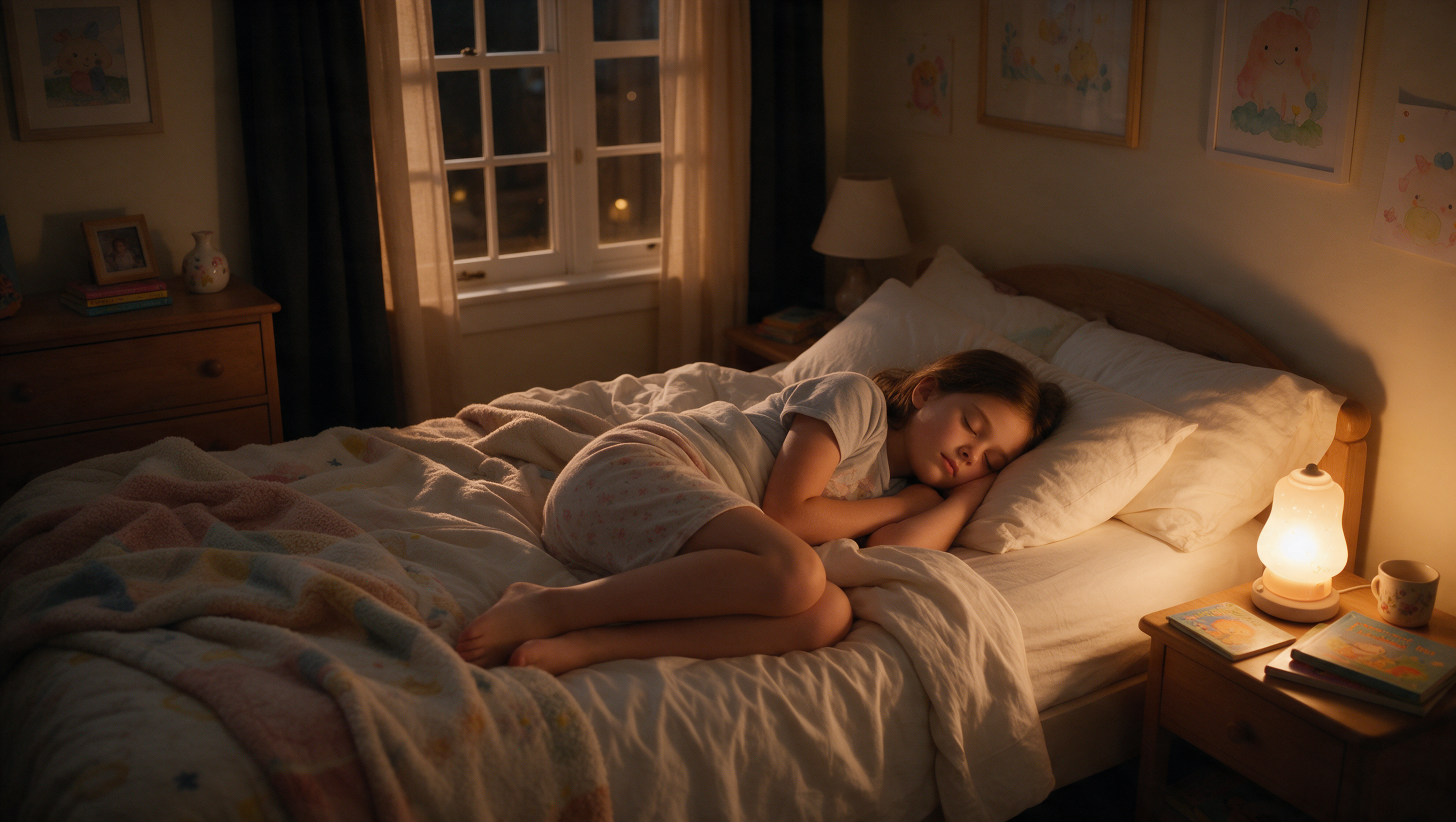 Girl sleeping peacefully on her side, legs naturally curled