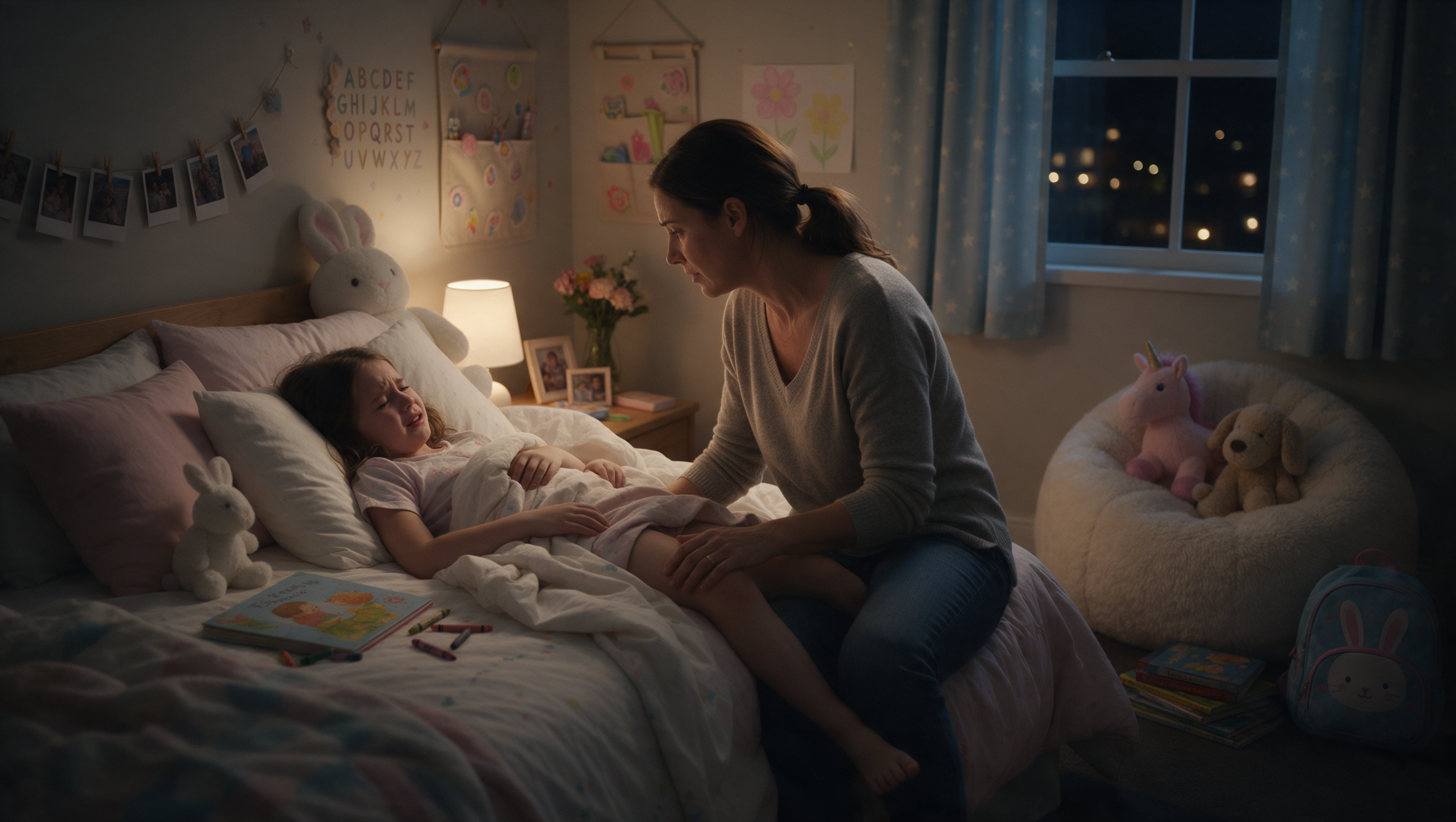 Mother sitting on edge of daughter's bed at night, comforting her