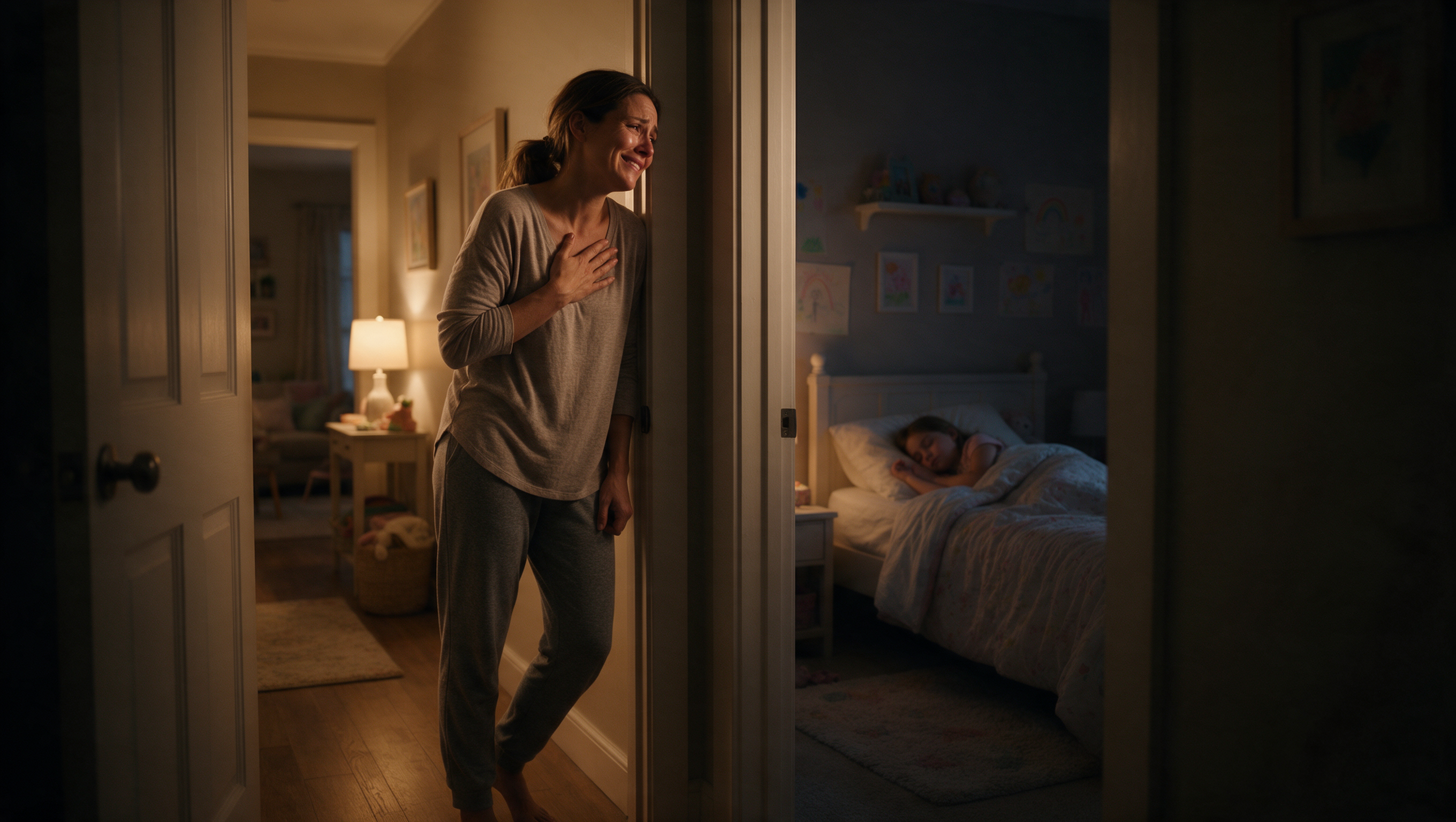 Mother standing in doorway watching her daughter sleep peacefully