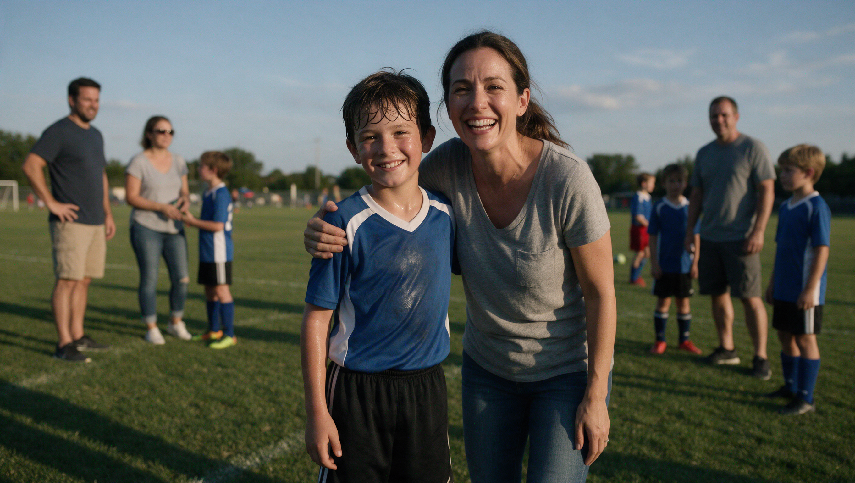 Happy mother and son at a soccer game, boy smiling in uniform
