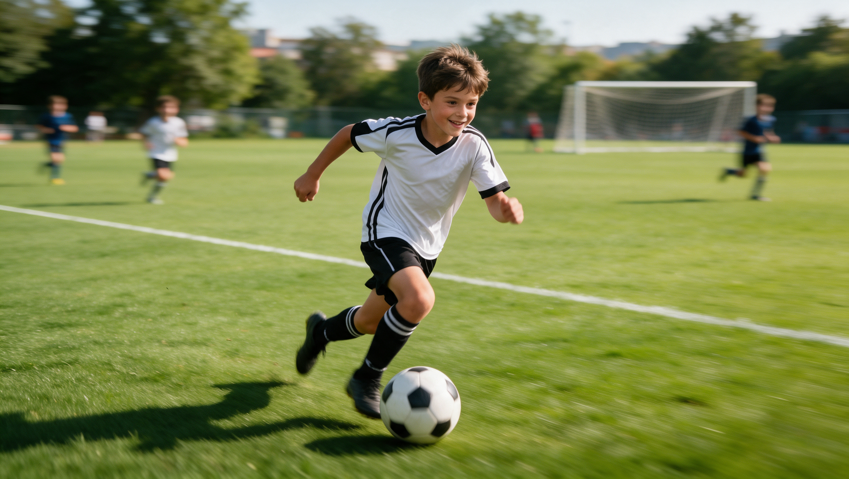 Boy sprinting with soccer ball, confident and pain-free