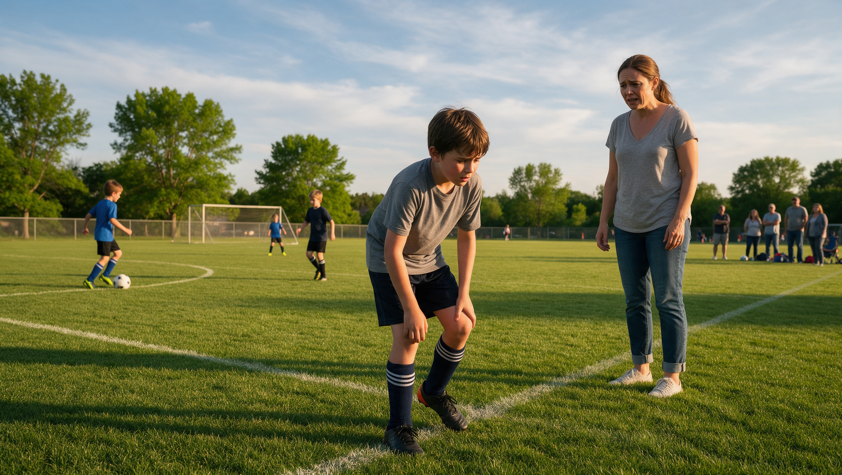 Boy walking off the soccer field normally, mother watching with relief