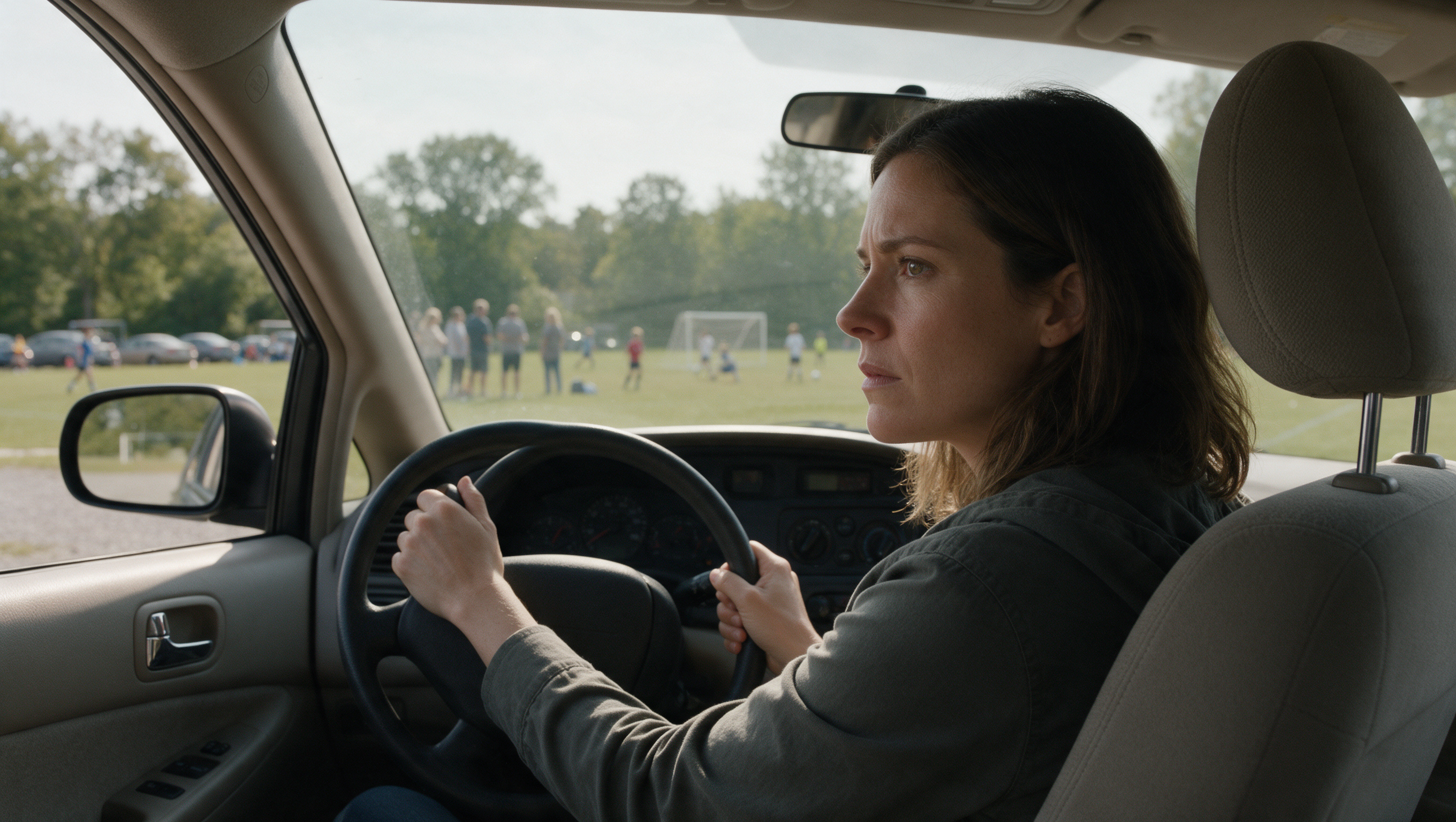 Mother sitting in car gripping steering wheel, conflicted