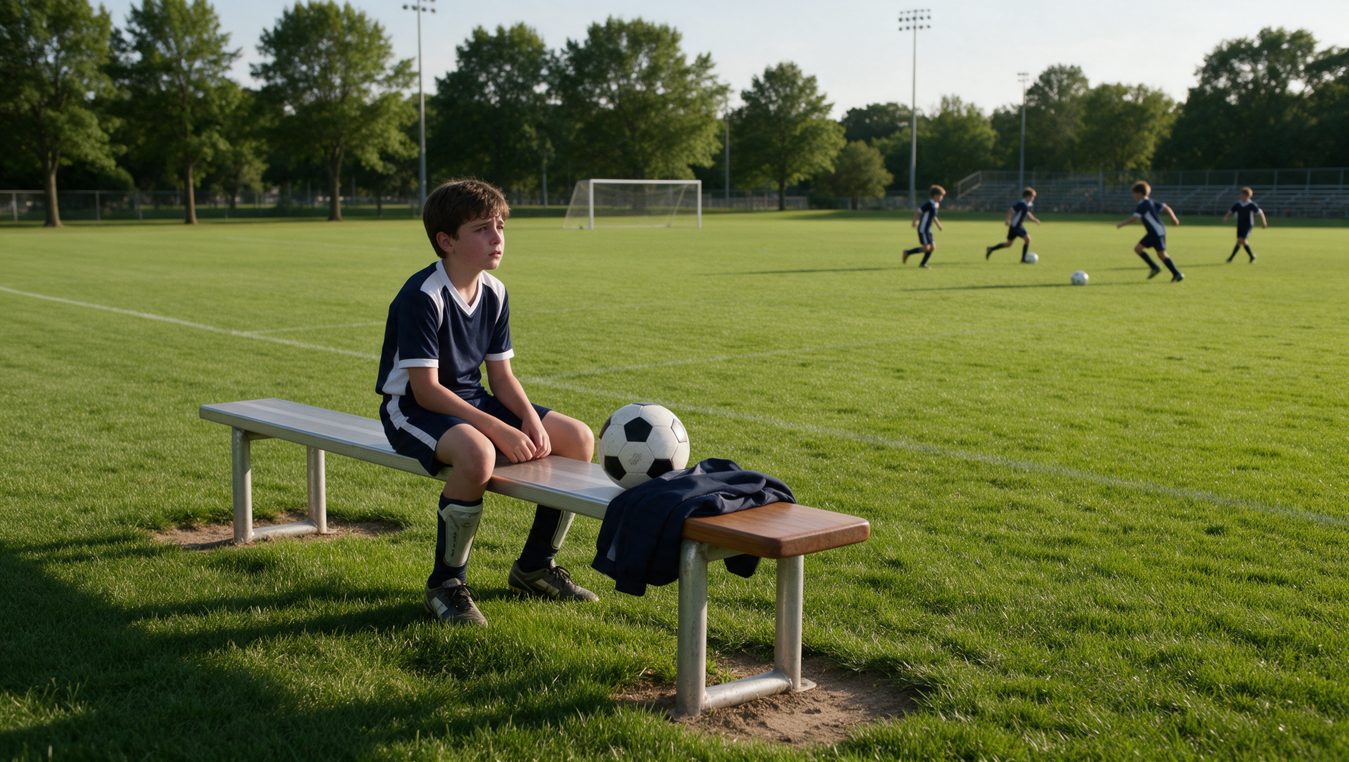 Boy sitting alone on sideline bench watching teammates practice