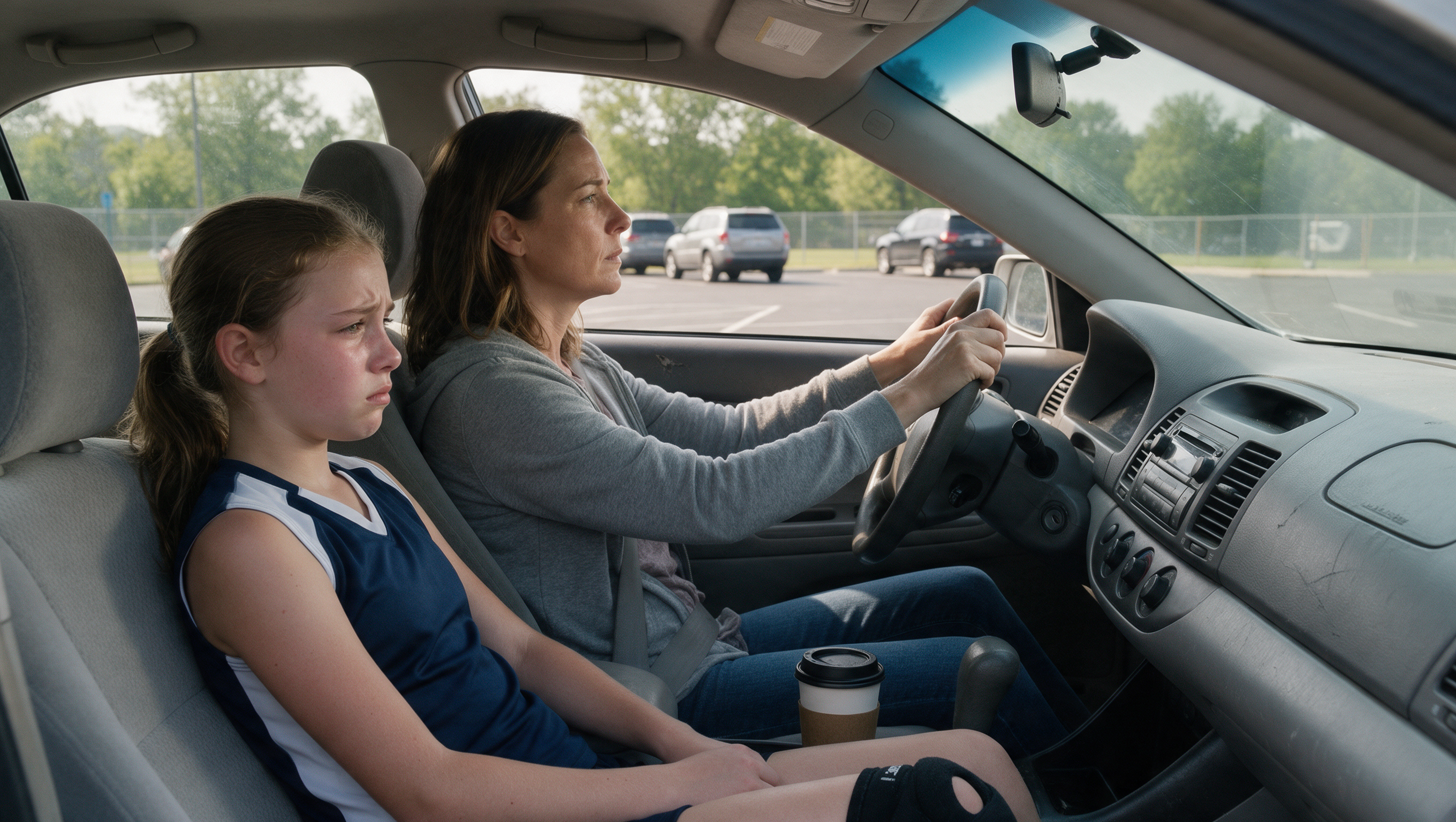 Mother and daughter in car after practice, both looking relieved