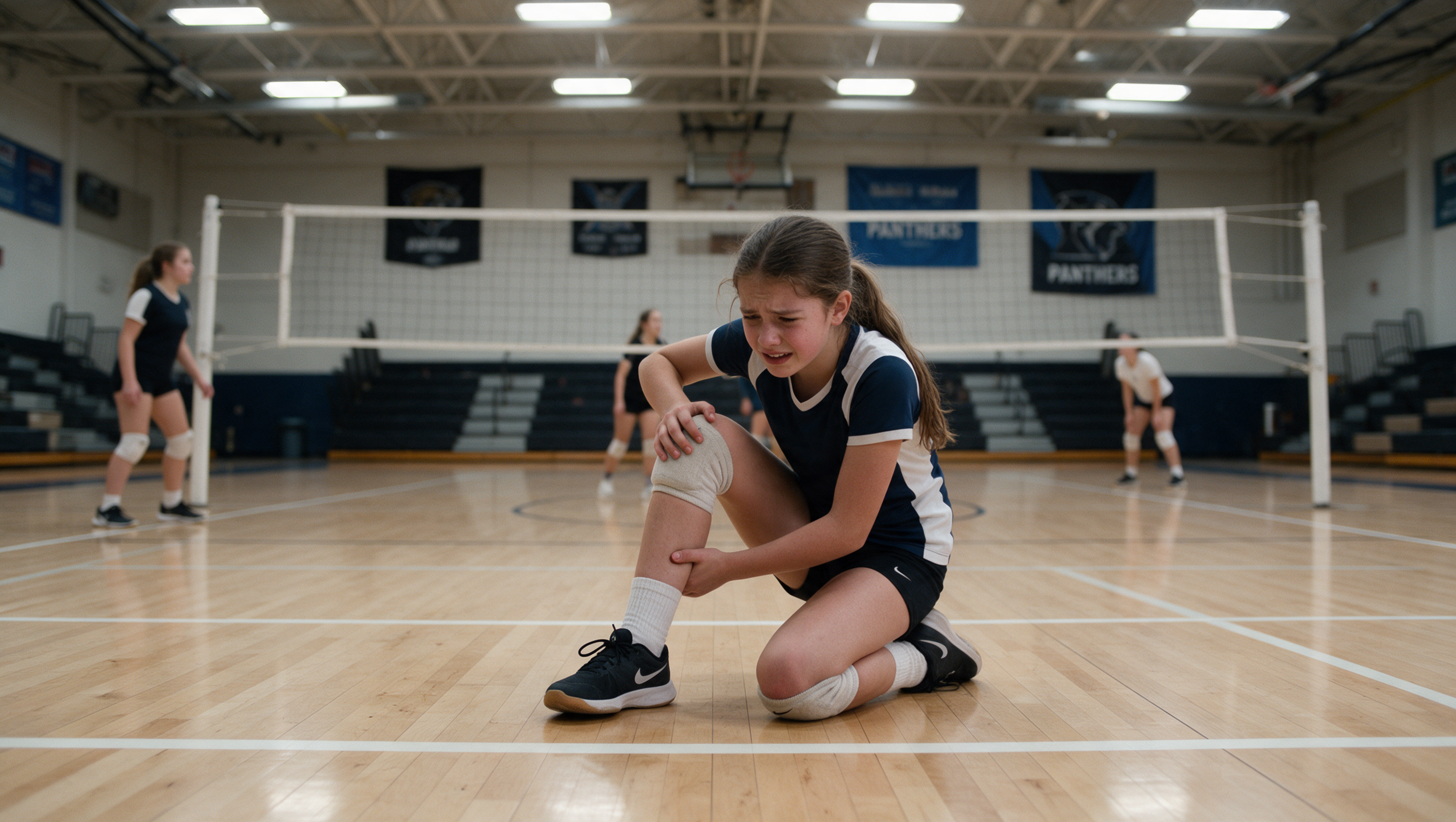Girl kneeling on volleyball court holding her knee, looking defeated