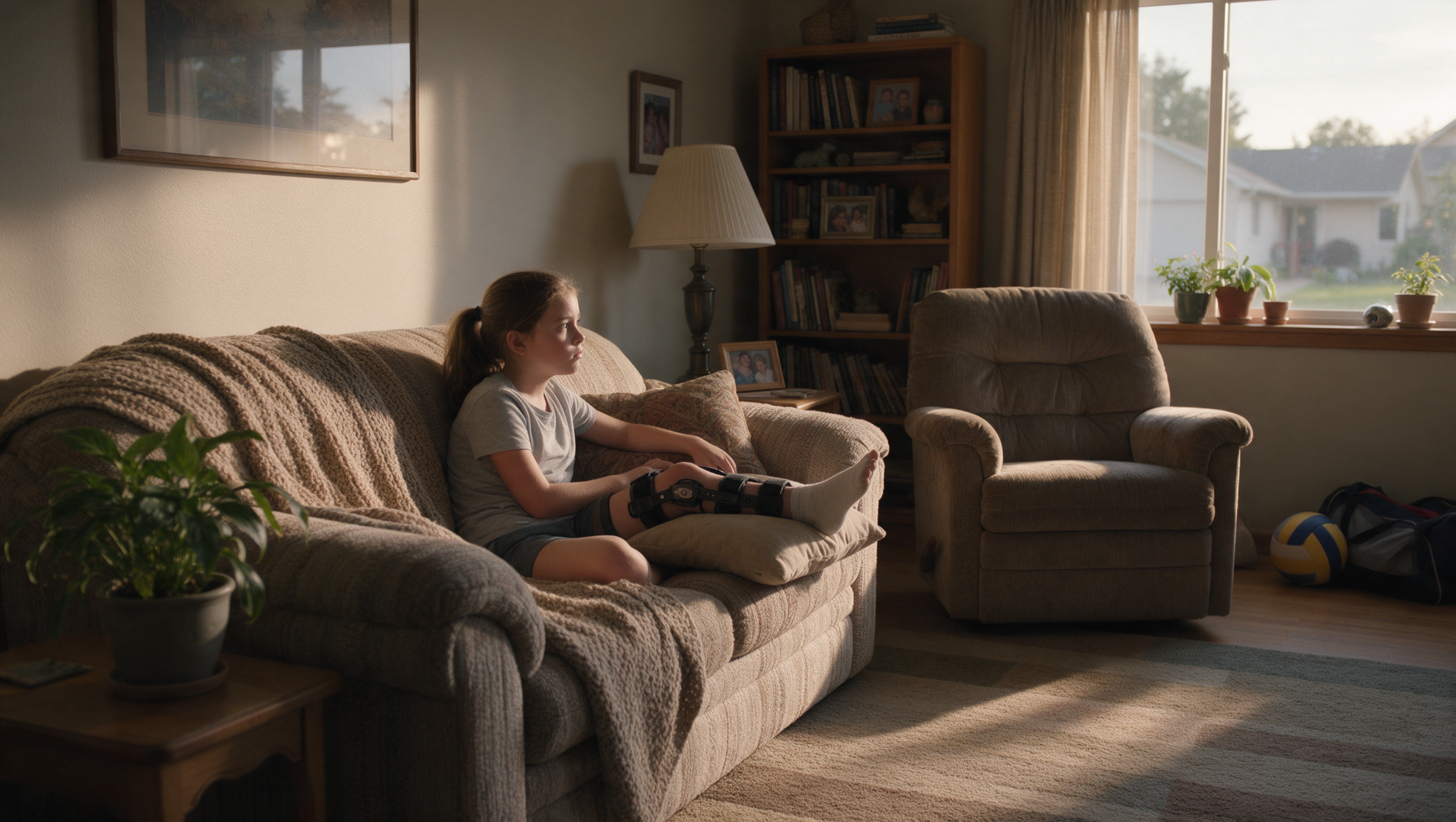 Girl resting on couch with knee brace, volleyball gear unused in corner