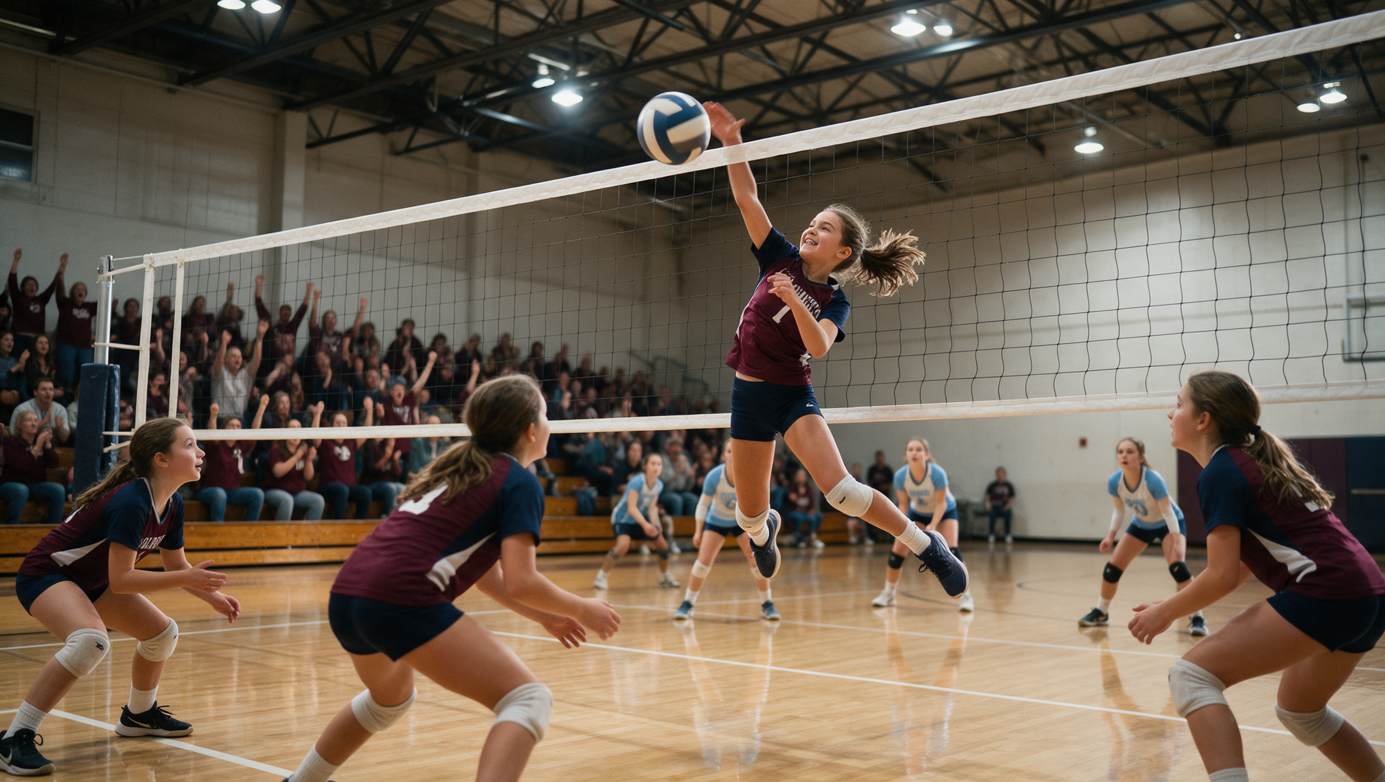 Girl playing volleyball confidently, jumping to spike the ball