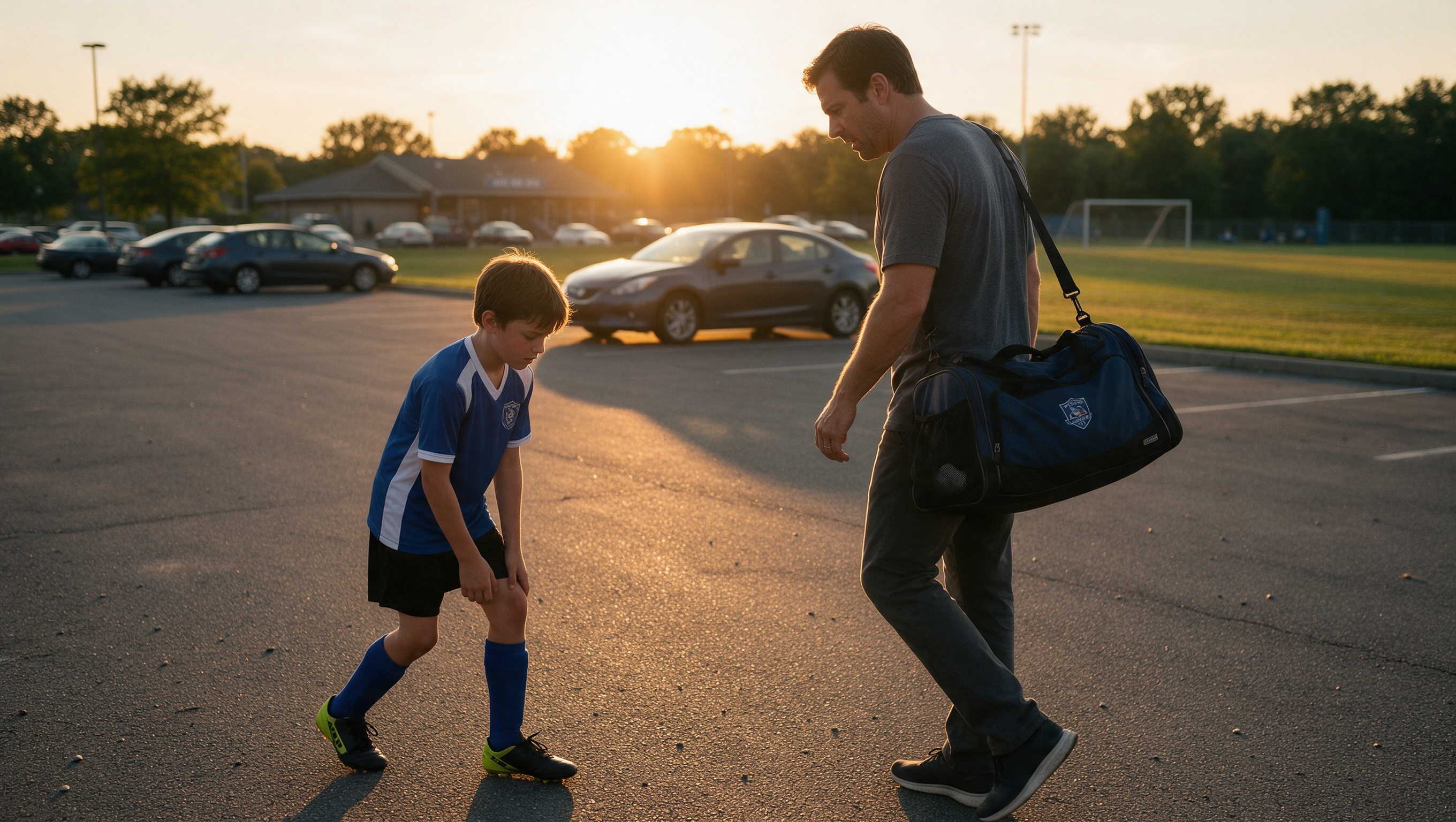 Boy limping to the car after practice, father watching with concern