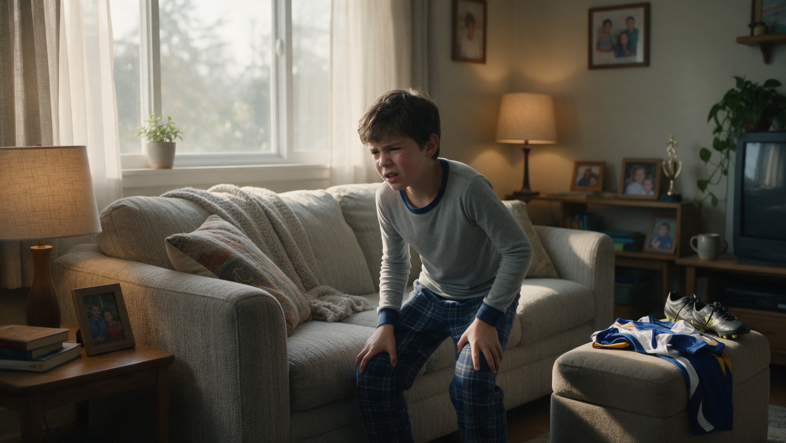 Boy sitting stiffly on couch the morning after, reaching for his knee