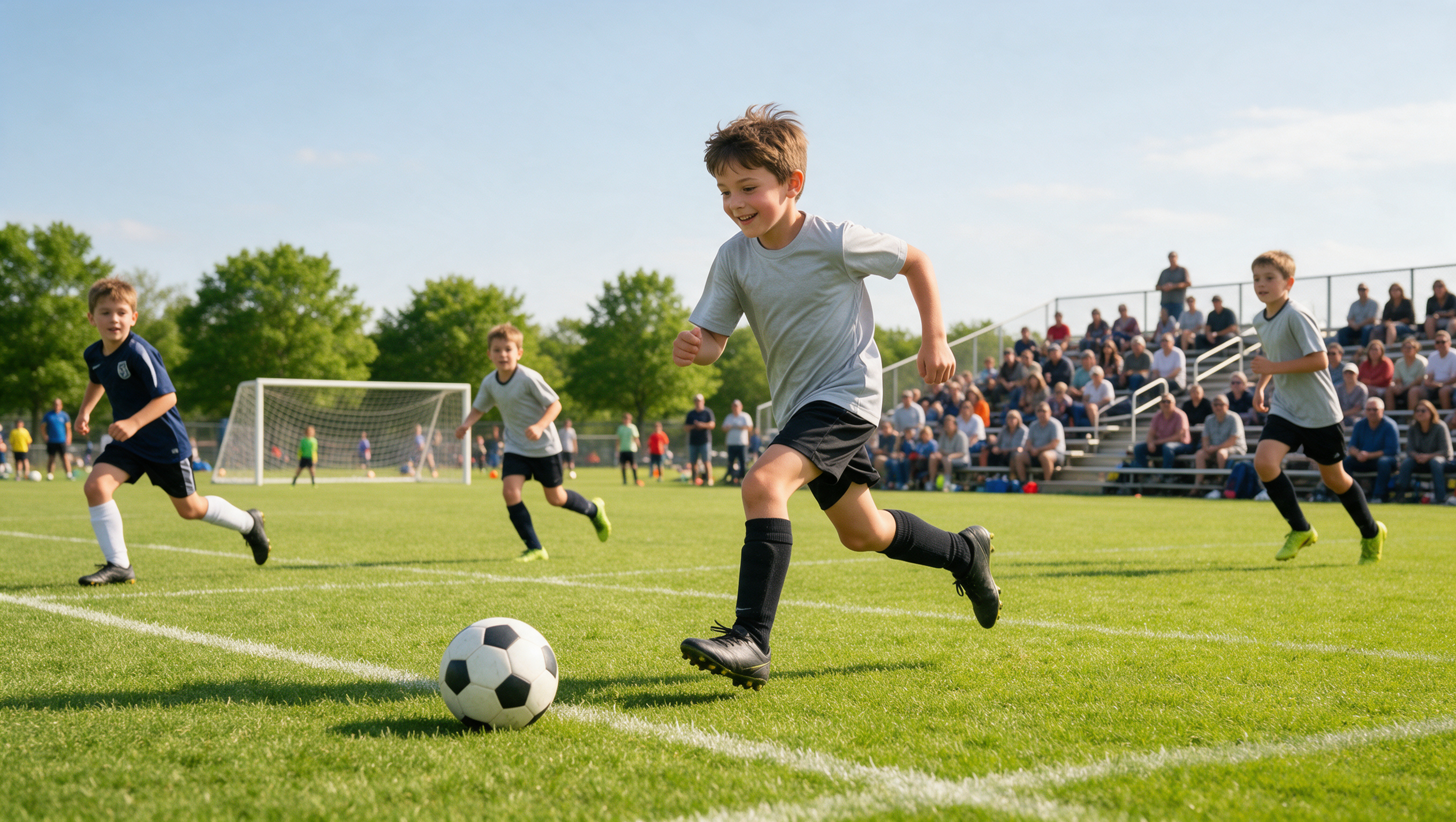 Boy playing soccer during practice, looking energetic and fine