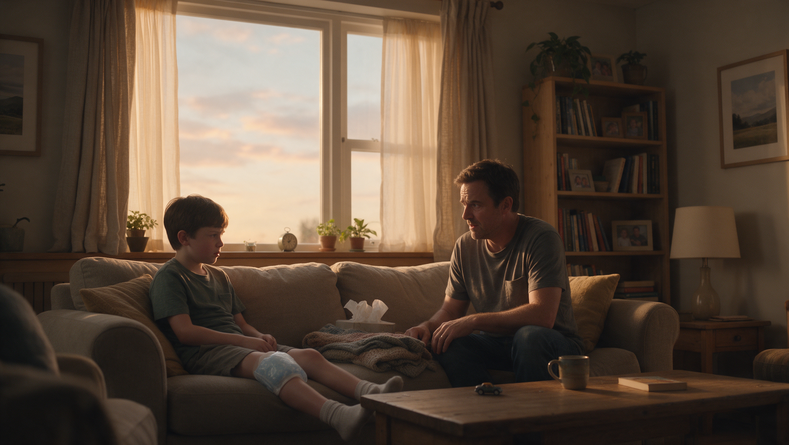 Father and son on couch, father looking at him with relief