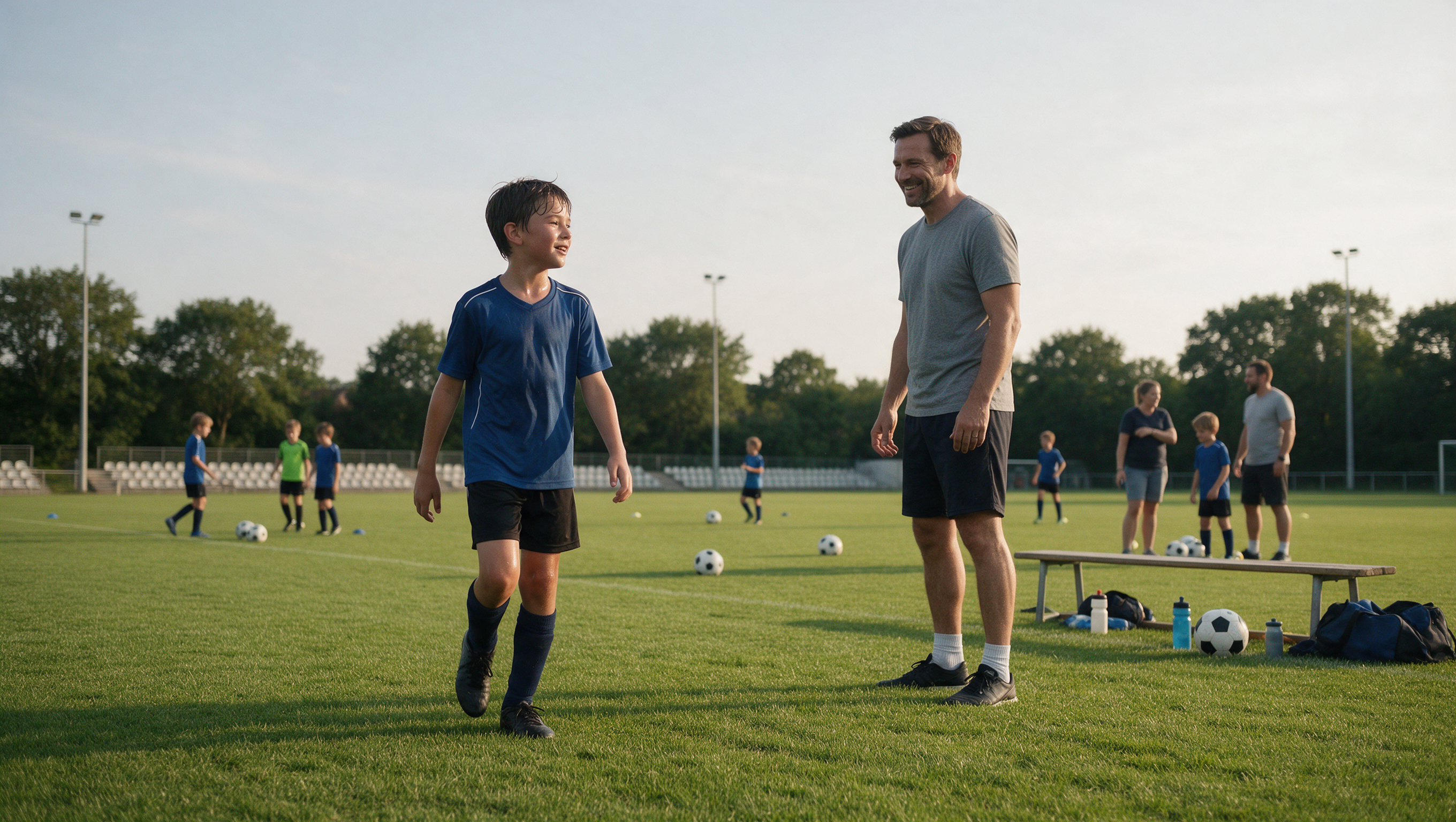 Boy walking off soccer field with normal stride, father smiling