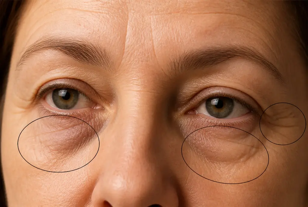 Under-eye skin showing dark circles, puffiness, and fine lines
