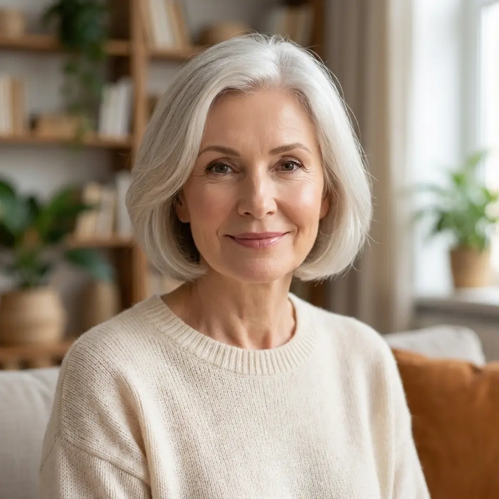 Elegant silver-hair woman with bright eyes