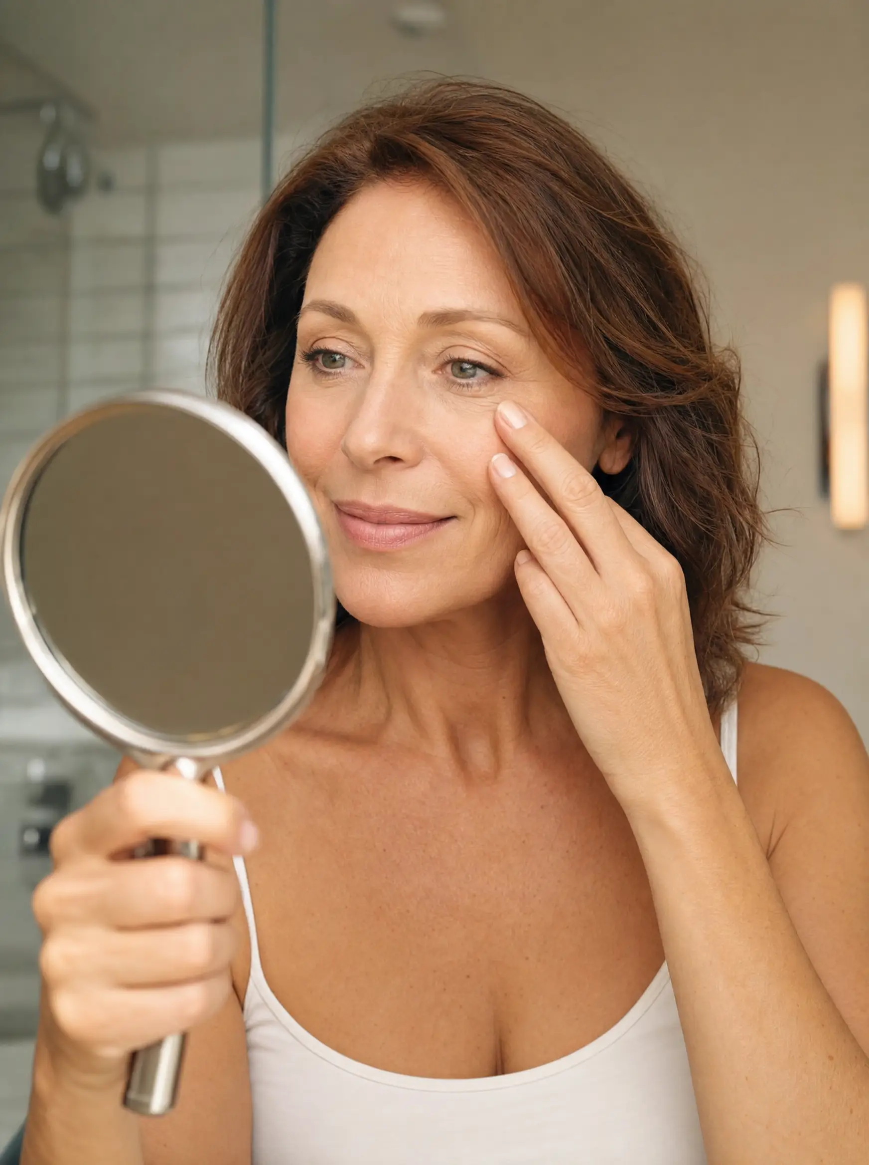Woman examining her under-eye area in a hand mirror