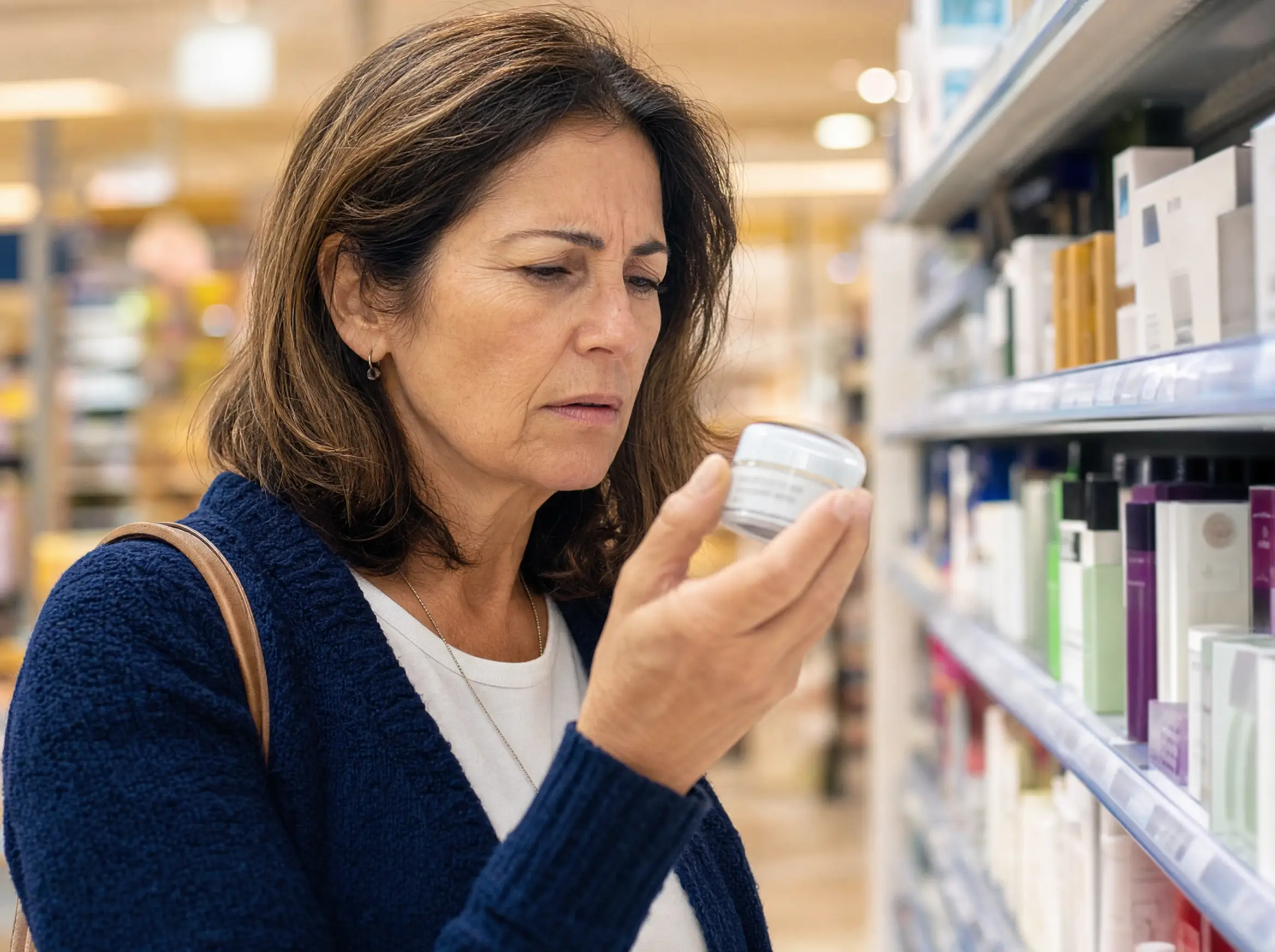 Woman reading eye cream ingredients