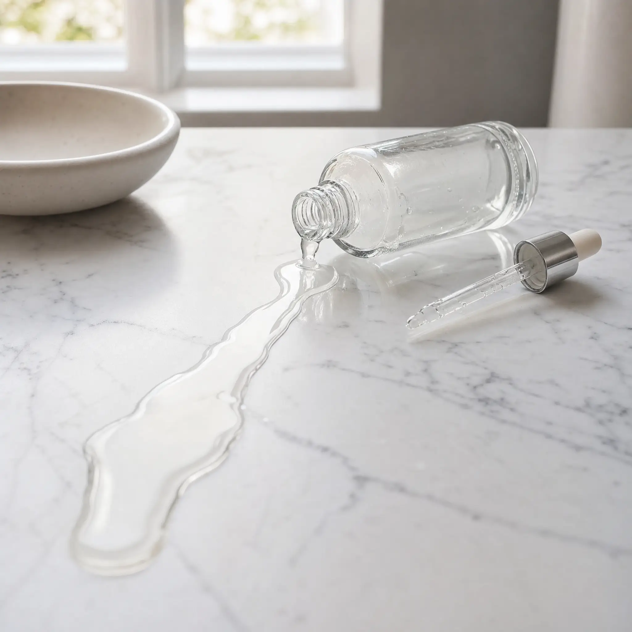 Thin runny serum sliding off a surface