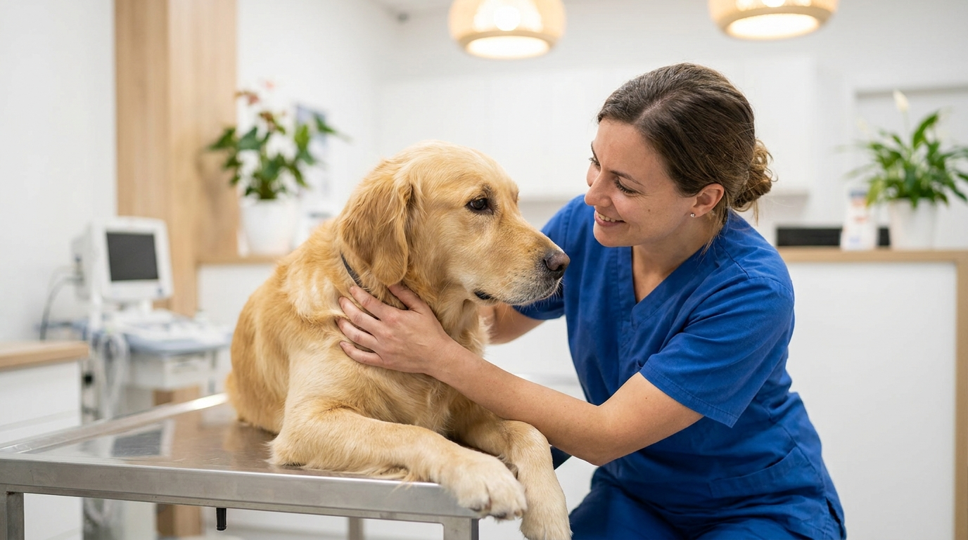Veterinarian caring for a dog at South Brooklyn Animal Clinic