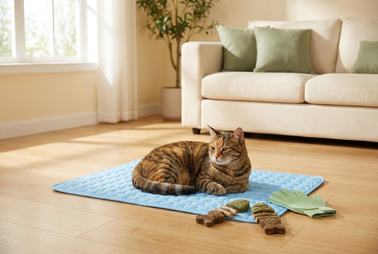The MellowPaw Cat Comfort Kit — catnip chews, cooling mat and grooming glove