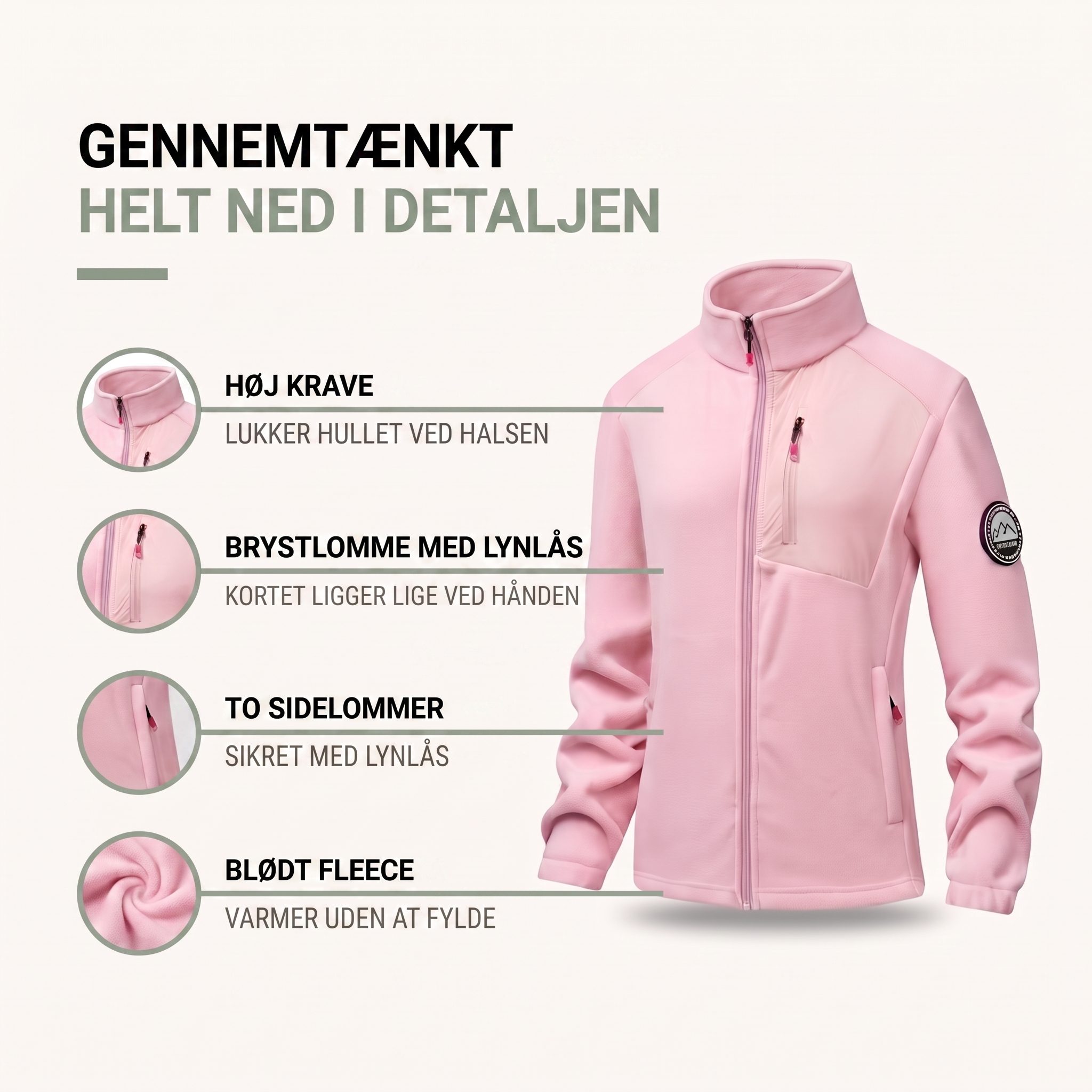 Fleece jakke dame med høj krave og lynlås