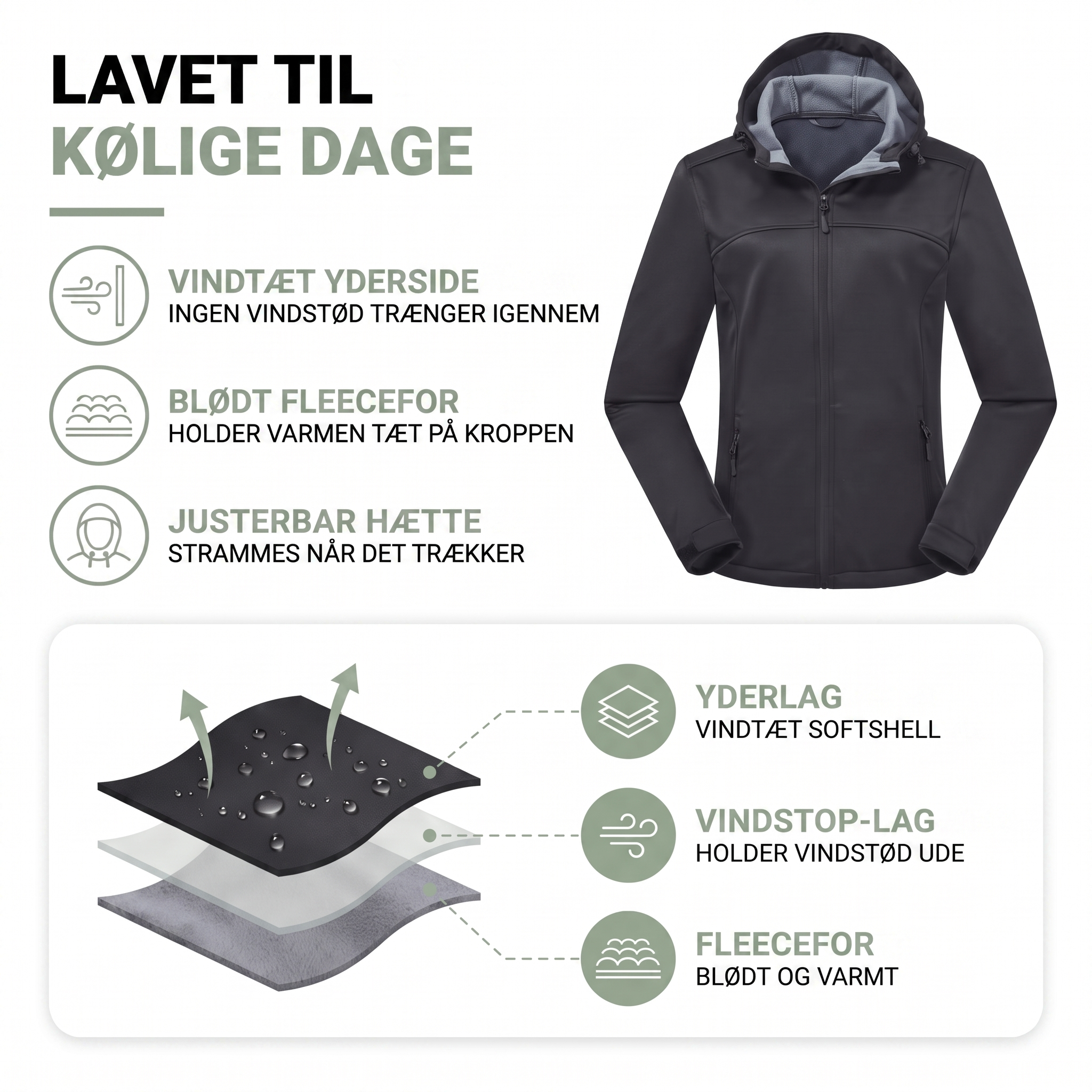 Overgangsjakke dame i sort med fleecefor